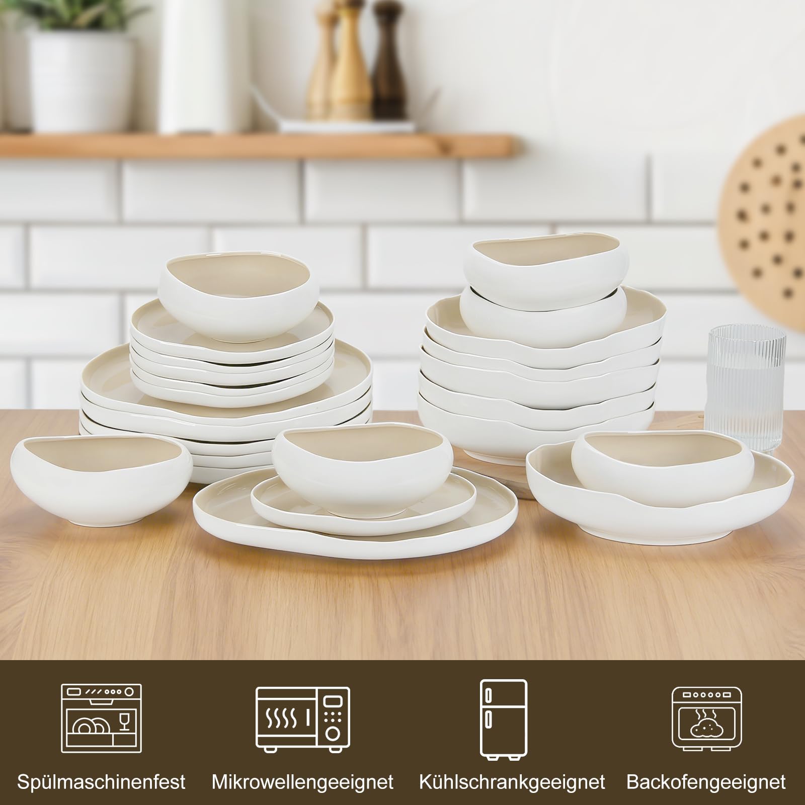 Geschirrset, Tellerset 6 Personen, 24-Teilig Tafelservice, Porzellan Geschirr Set Je Speiseteller, Dessertteller, Müslischalen, Salatschüssel, Geschirr Hellbeige | Dinner set, Tafelservice, Je 6 Speiseteller, Dessertteller, Müslischalen, Salatschüssel, Te