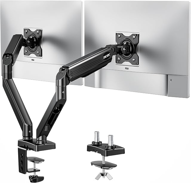 Acer Bras double moniteur pour écrans 17-32 pouces, monture réglable de moniteur, support double moniteur de bureau, ressort à gaz pour écrans plats courbes, pivot pivotant VESA 75/100, C-Clamp/Grommet Base, 19.8lb