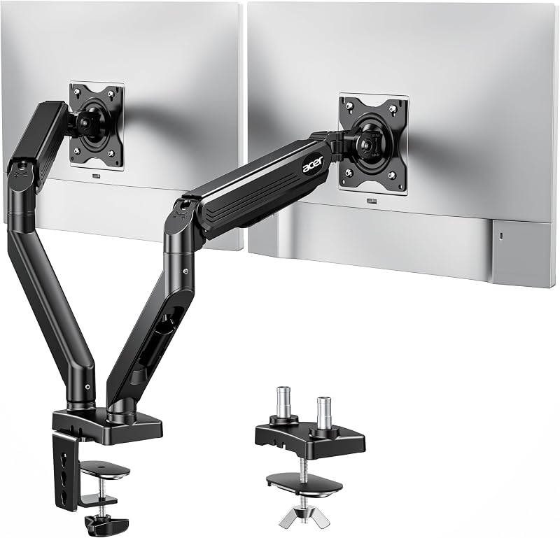 Brazo para monitor dual Acer, soporte de montaje VESA con resorte de gas para pantallas de 17 a 32" | Brazo de escritorio para computadora VESA 75x75/100x100 totalmente ajustable con abrazadera en C y base de montaje con ojal, cada brazo soporta de 4.4 a 19.8 libras