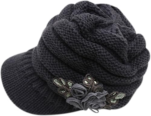 Miniatura 2 de C-US - Gorro de punto cálido de invierno para mujer con borde de ganchillo con acento de flores