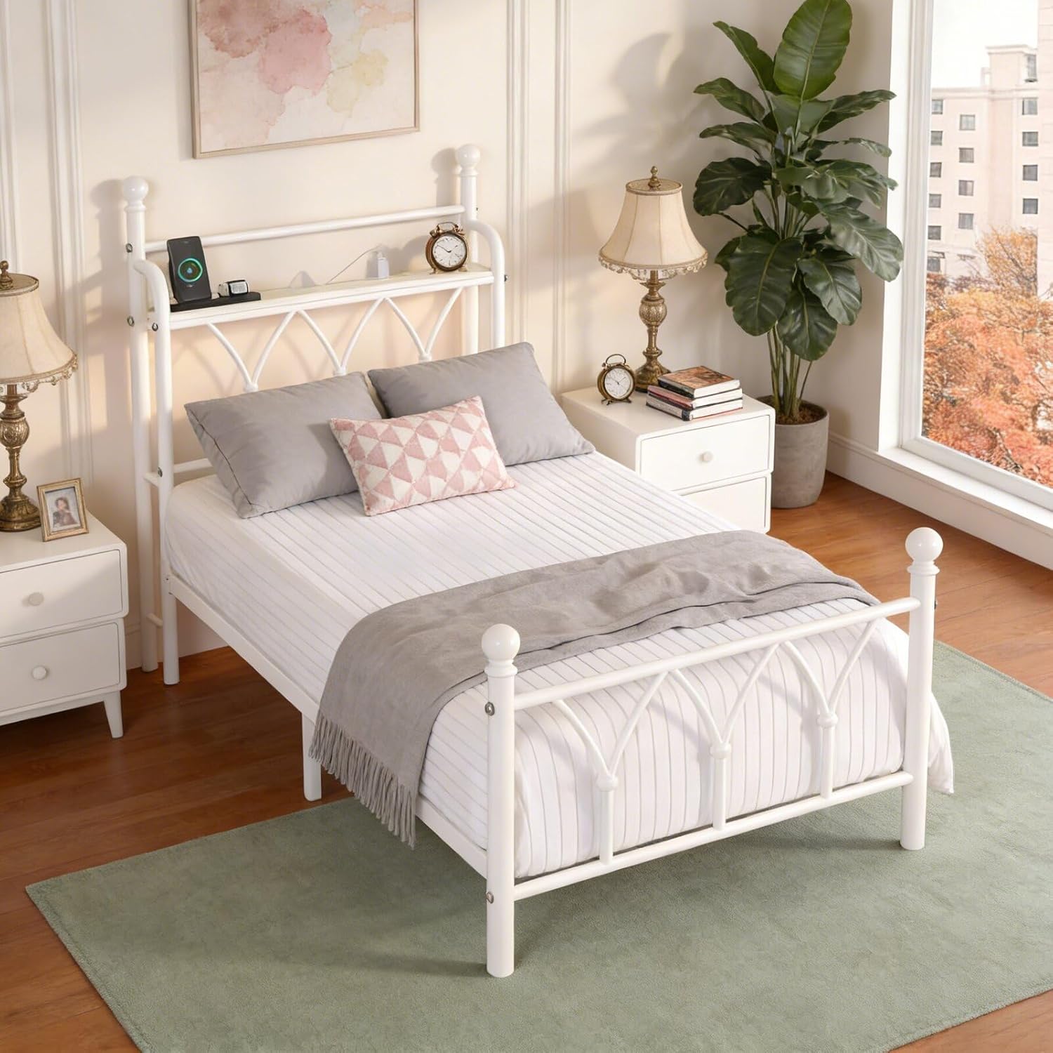 Twin Size Bed Frame with Storage Headboard and LED Light, Classic Metal Platform Bed Frame with Charging Station, Under Bed Storage, No Box Spring Needed, Noise Free, White - Image 9