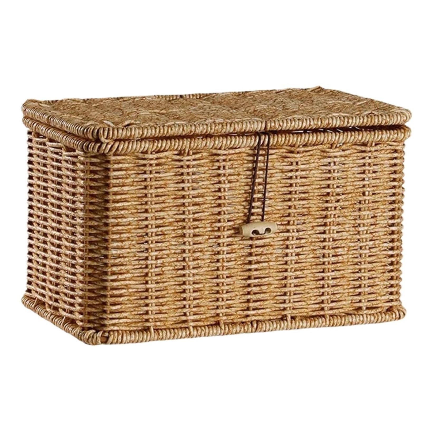 Household Storage Basket Imitation Rattan Woven Box with Lid Dustproof Clothes Sundries Container Desktop Organizer For Storage(S)