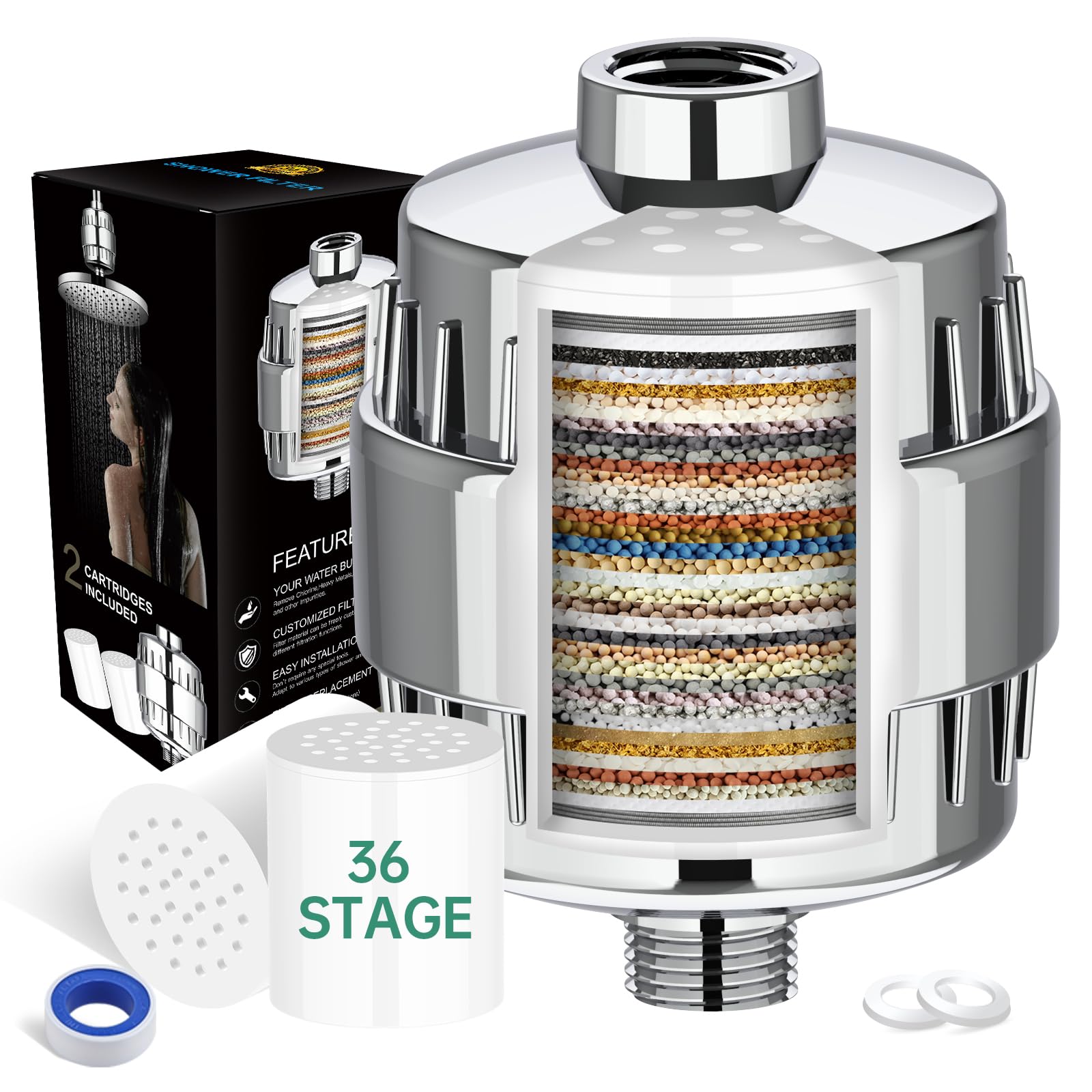 Filtro de ducha de 36 niveles con vitamina C E para agua dura, filtro de alcachofa de ducha con 2 cartuchos de filtro para eliminar cloro y metales pesados, mejora la salud de la piel y el