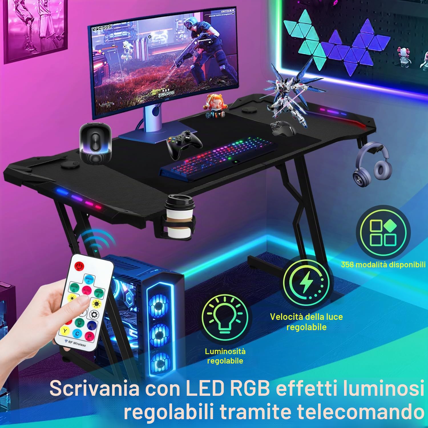 Scrivania Gaming LED 140 x 60cm, Tavolo Gaming Ergonomica, Postazione Gamer con Superficie in Fibra di Carbonio, Scrivania per Computer con Porta Tazza e Gancio per Cuffie, Nero