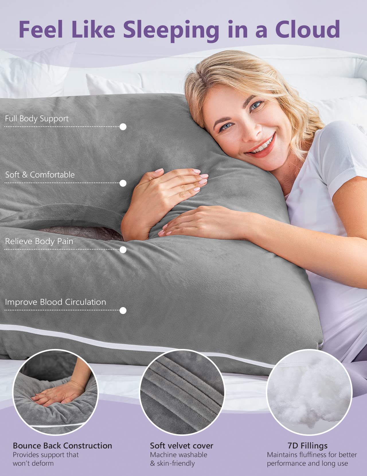 Coussin De Grossesse U Multifonction – Velours Doux Gris, Housse Amovible Lavable, Soutien Complet Corps & Allaitement