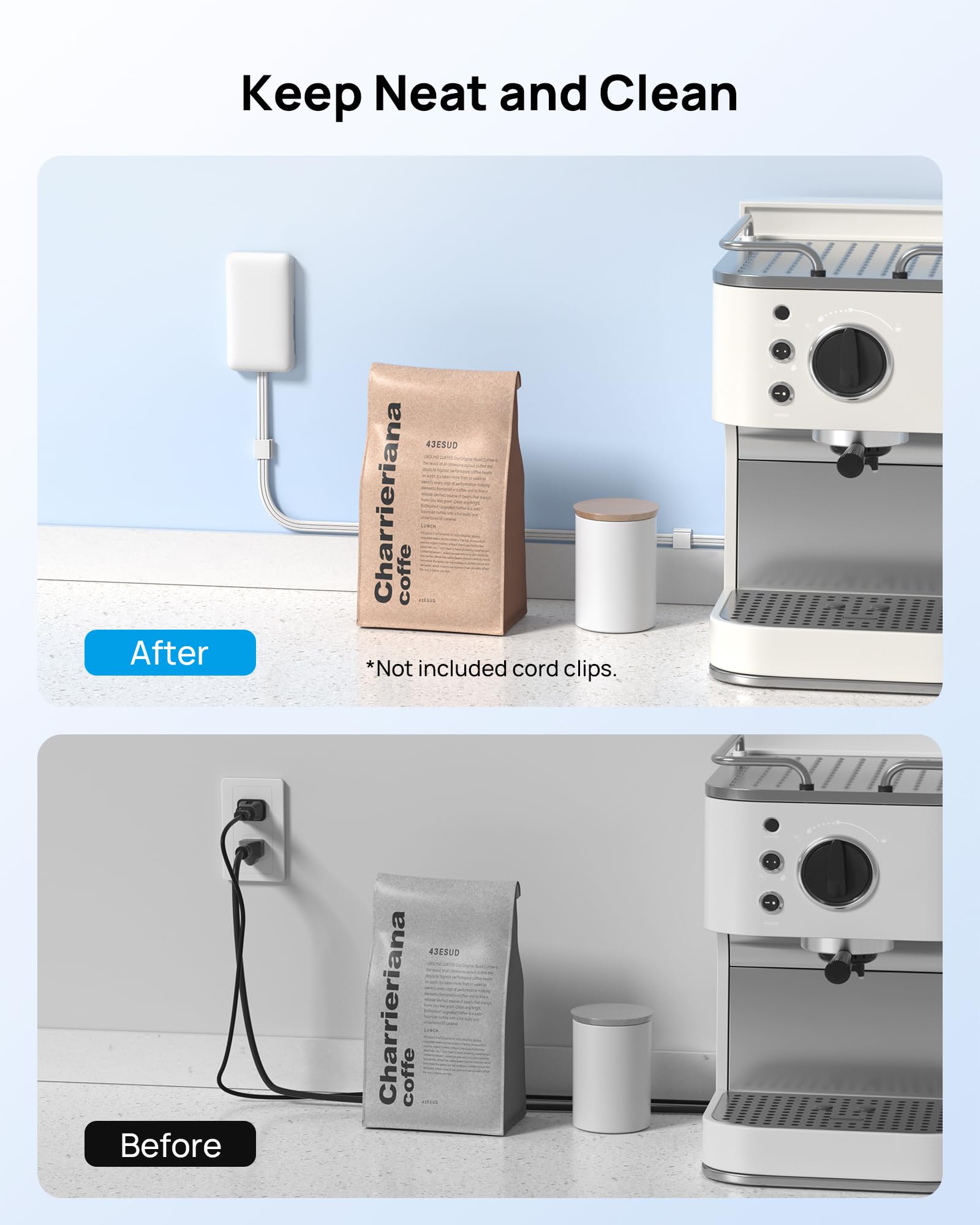 TROND 3FT Flat Extension Cord with Ultra-Thin Outlet Cover, Flat Wall Plug Power Strip with 4 AC 4 USB Ports, Hidden Outlet Extender for Tight Spaces, 10A/1250W, 900J Surge Protection, White — view 6