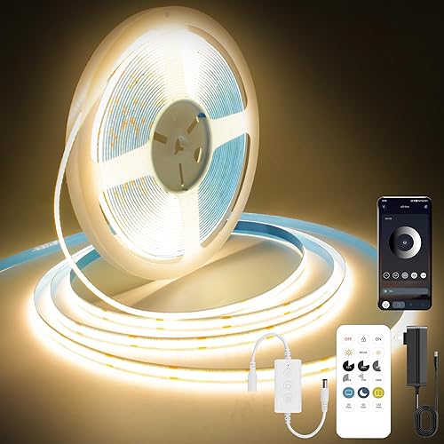 Miniatura 1 de COB - Tira de luces LED de color blanco cálido, kit de tira de luz LED regulable de 24 V con control remoto y aplicación, 3000 K 24 pies24.6 ft
