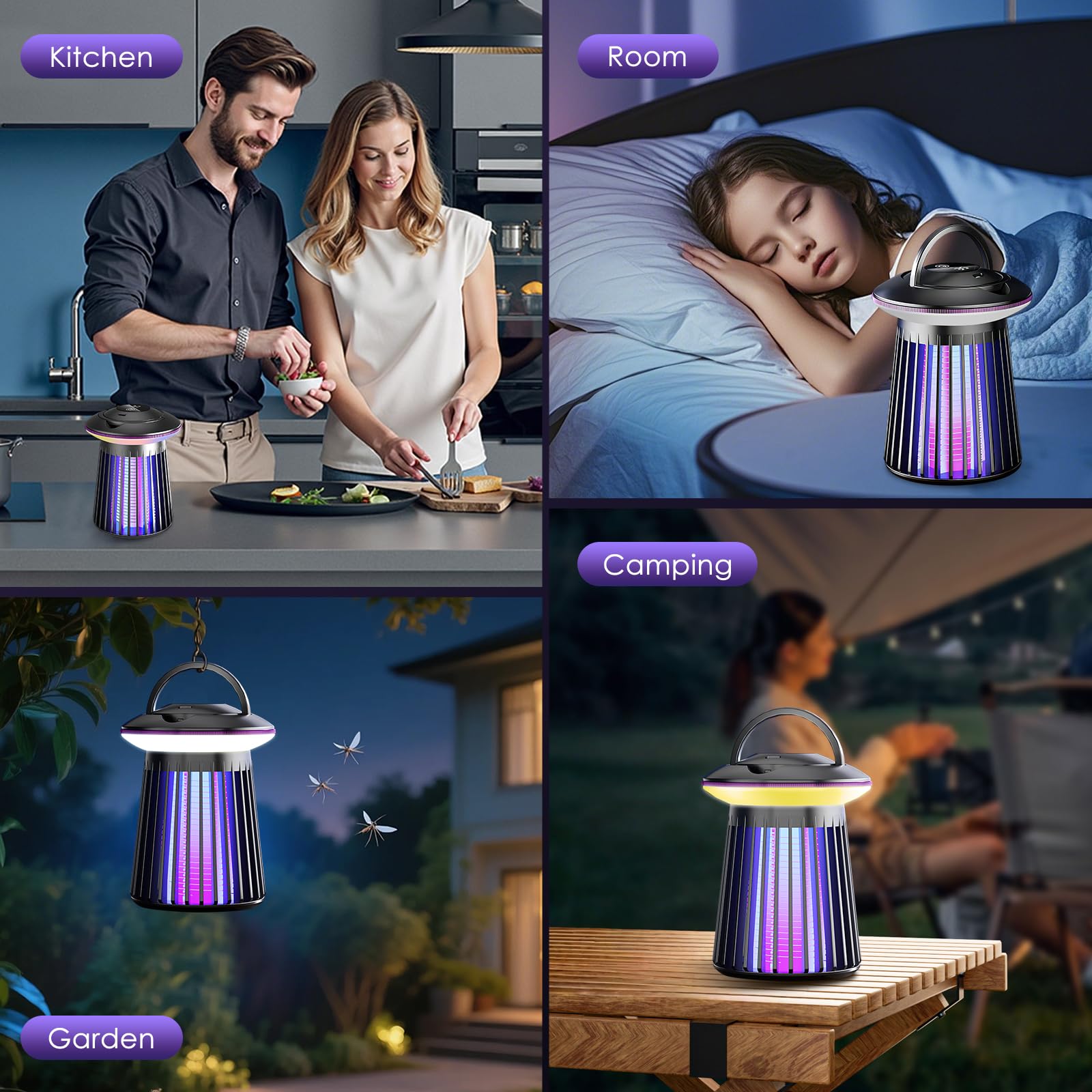 Bug Zapper Outdoor Indoor, 4-in-1 2000V Electric Mosquito Zapper with 2000mAh Battery, USB Charging, Low Noise, Portable Cordless Insect Zapper for Home Patio Kitchen Backyard Garden Porch — view 8