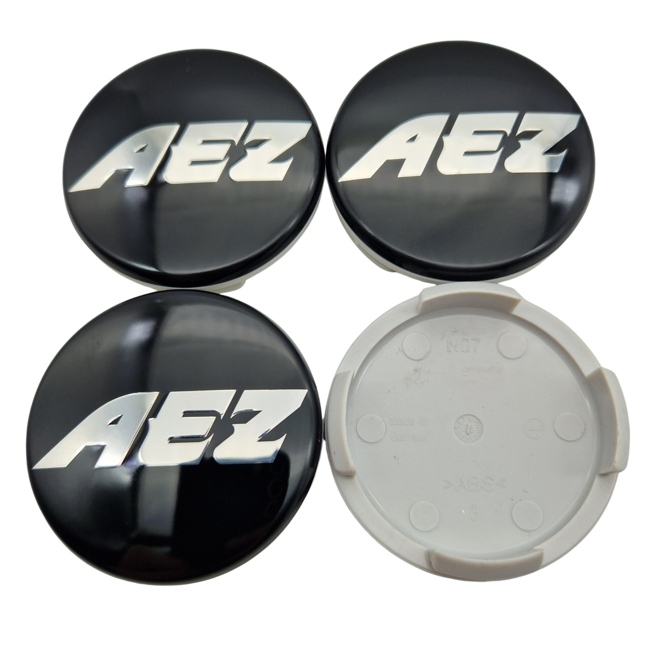 4X AEZ Nabendeckel 60 mm / 56 mm (AZB), N07, Schwarz Glanz, Felgendeckel Nabenkappe Radnabenkappe, Original Felgenkappe