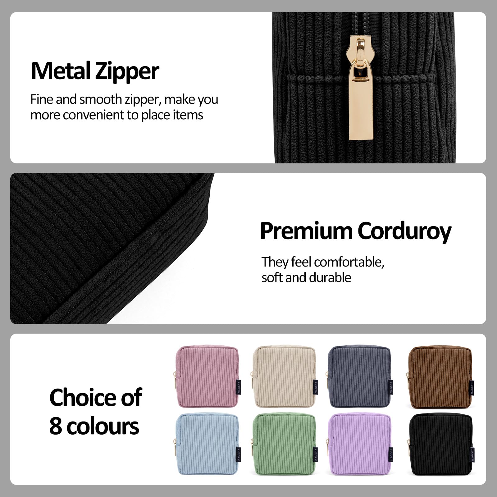 MAGEFY Small Makeup Bag for Handbag Mini Cosmetics Bag Corduroy Makeup Pouch for Women with Compartments (Black) - Image 3
