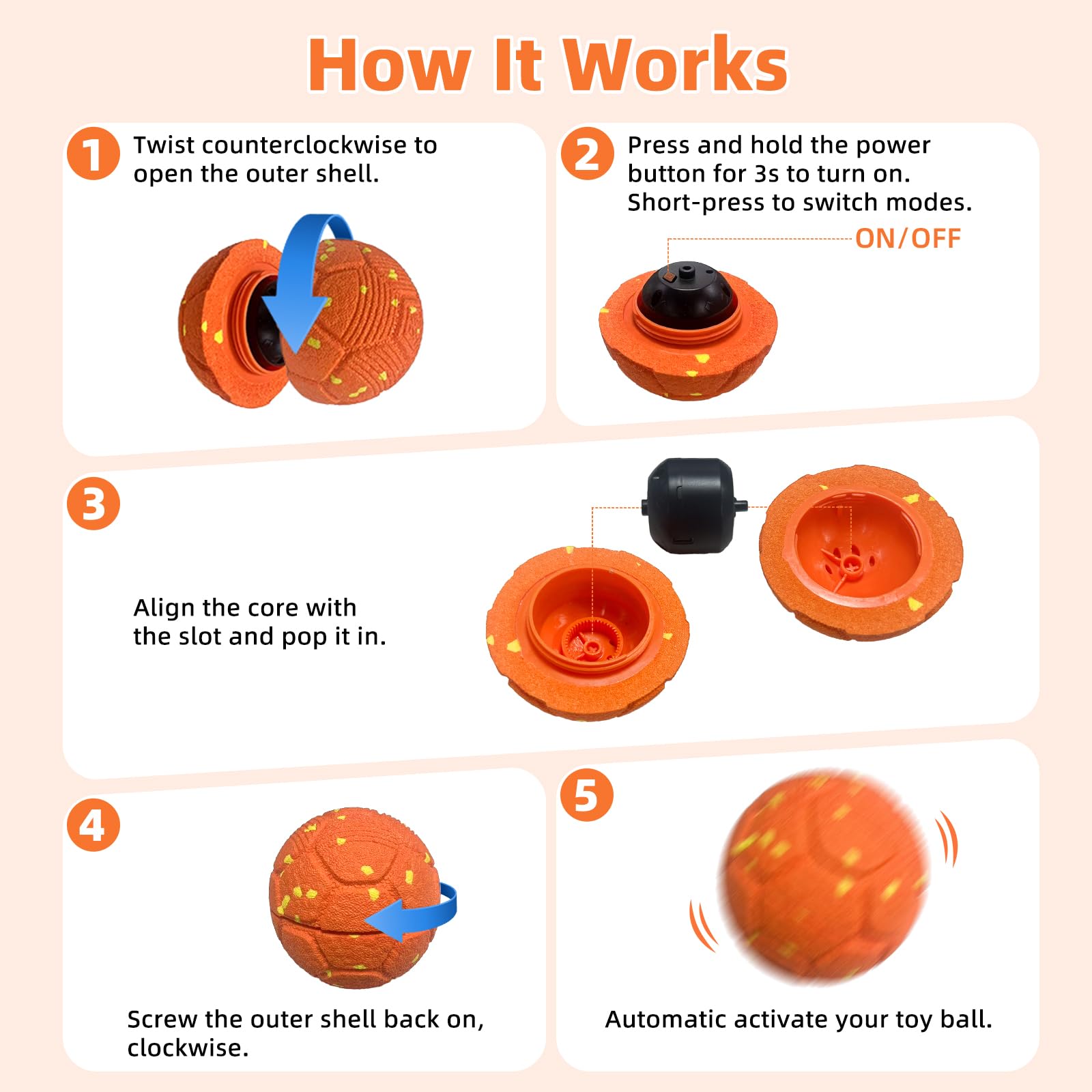 Pelota Interactiva Perro, Juguetes para Perros Inteligente, Pelota Perro Rebotadora Automatico, Juguete Inteligente con 3 Modos Recargable, Jumping Pelotas para Perros Medianos y Grandes(Naranja)