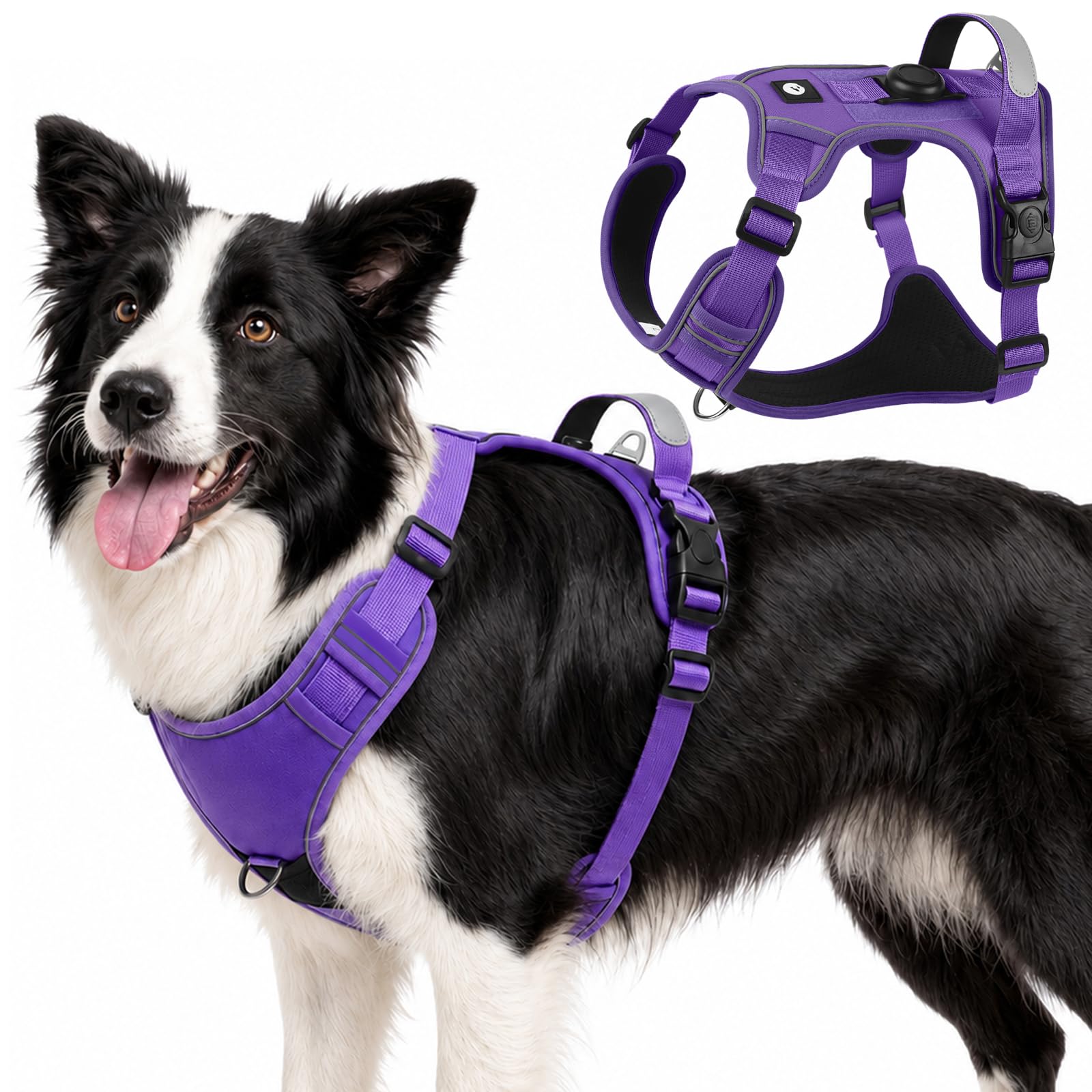 Olcyren Dog Harness with AirTag Holder for Small Medium Large Dogs, No Pull Adjustable Reflective Dog Harness with Front Clip, Anti Pull Soft No-Choke Breathable Harness with Handle (Purple, L)