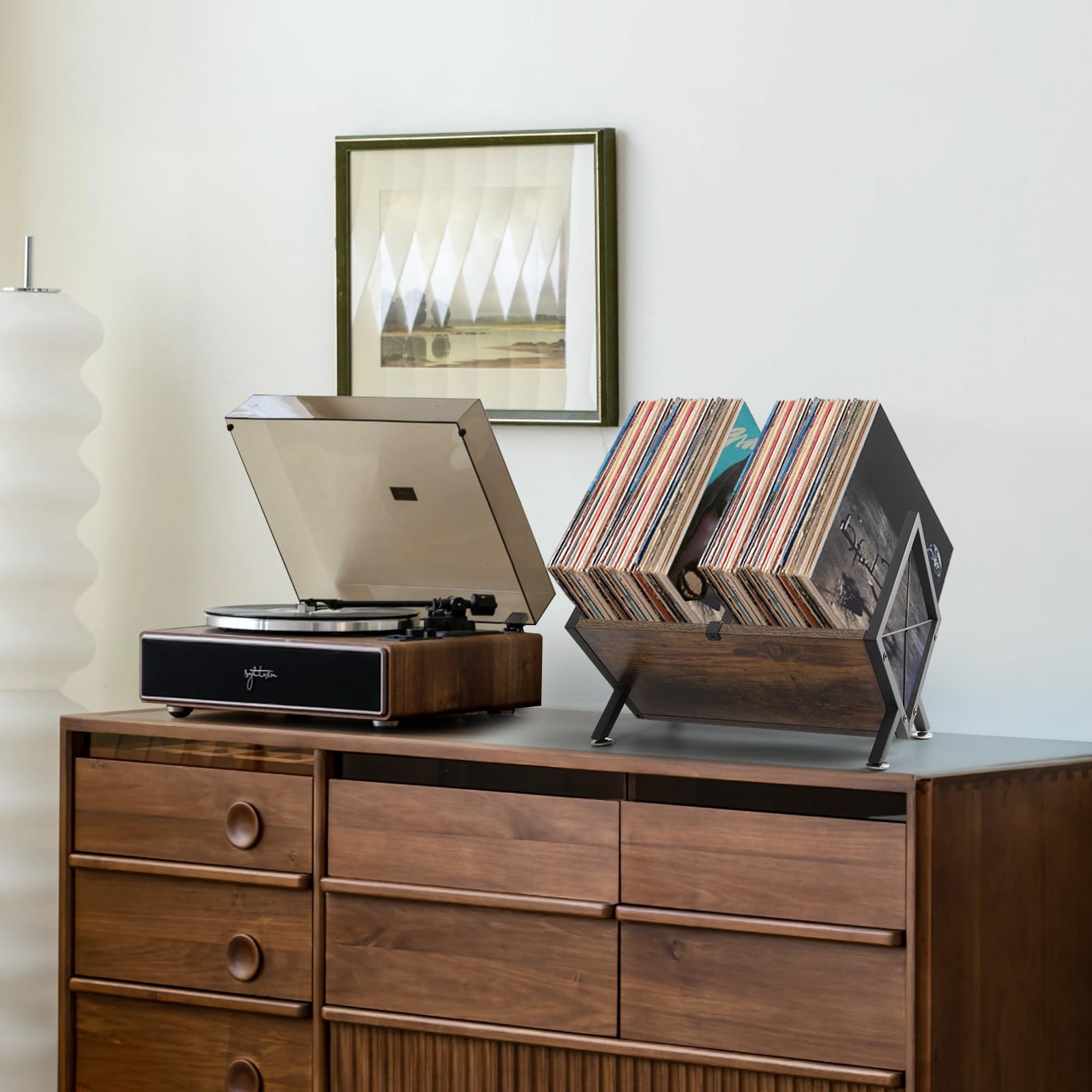 Estante de almacenamiento de discos de vinilo, soporte para discos de vinilo de 80-100 LP, soporte para exhibición, tonos profundos y silenciosos con texturas vintage envejecidas