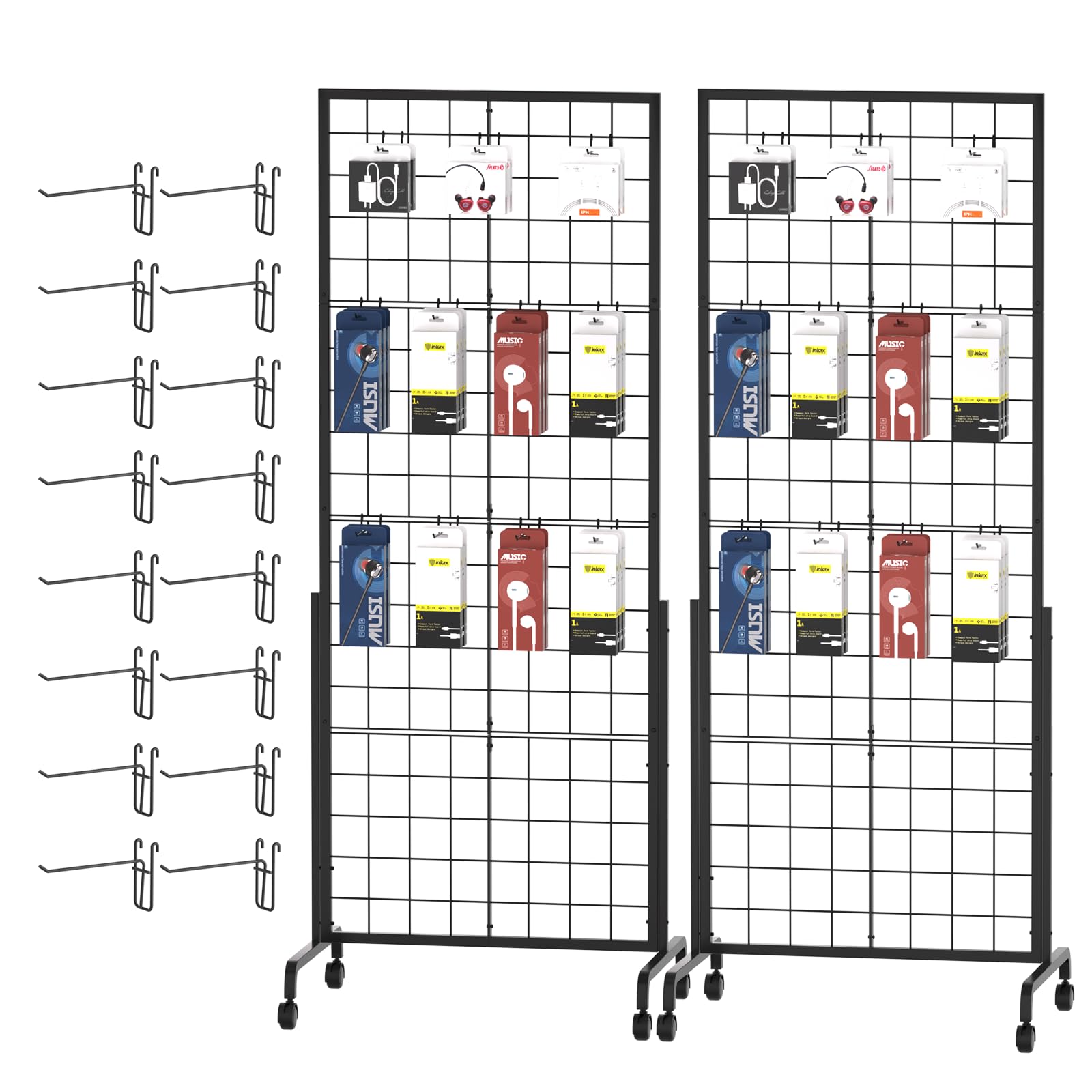Gridwall Panel Display Stand - Craft Show Display Rack with Extra 16 Hooks, 2' x 5.5' Ft Black Metal Grids Standing Wire Rack for Retail Art Fair - 2 Set