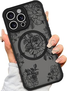 AIGOMARA Case for iPhone 16 Pro Max [Compatible with MagSafe] Black Flower | Floral Pattern Design for Women Girls Soft TPU Bumper Hard PC Back Anti-Fall Shockproof Protective Slim Magnetic Cover
