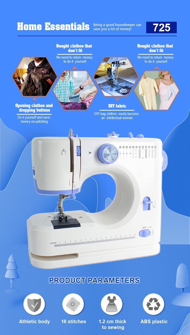Máquina de coser para principiantes, mini máquina de coser eléctrica portátil pequeña con 50 piezas de tela y 32 piezas de hilo de coser, 12 puntadas integradas, 2 velocidades con pedal de pie (azul)