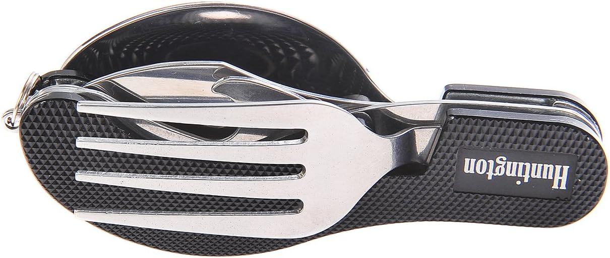 Huntington 4-Function Camping Fork/Knife/Spoon/Bottle Opener Set, metal, black, K544-04
