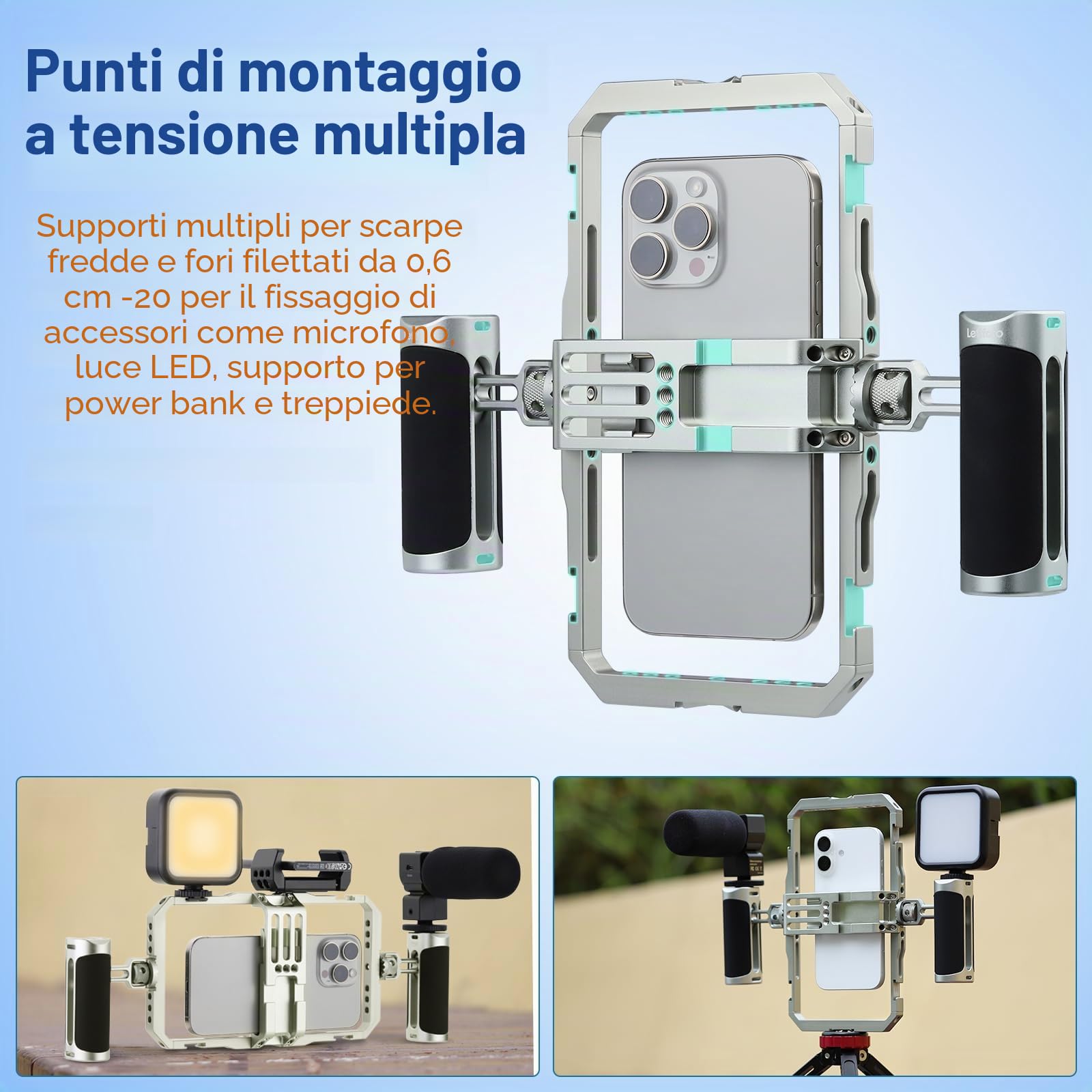 Leftfoto Gabbia stabilizzatore universale in alluminio per smartphone, con doppie maniglie per iPhone 16 15 Mini Pro Max 8 Plus per Samsung per Huawei Mate, per vlogging/riprese video