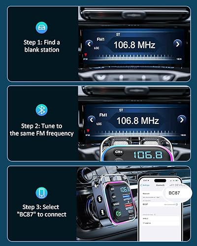 Miniatura 8 de LENCENT Bluetooth 5.3 Transmisor FM Adaptador de coche 48W (PD30W y QC18W) Cargador rápido, interruptor de luz, receptor de audio de sonido de bajo