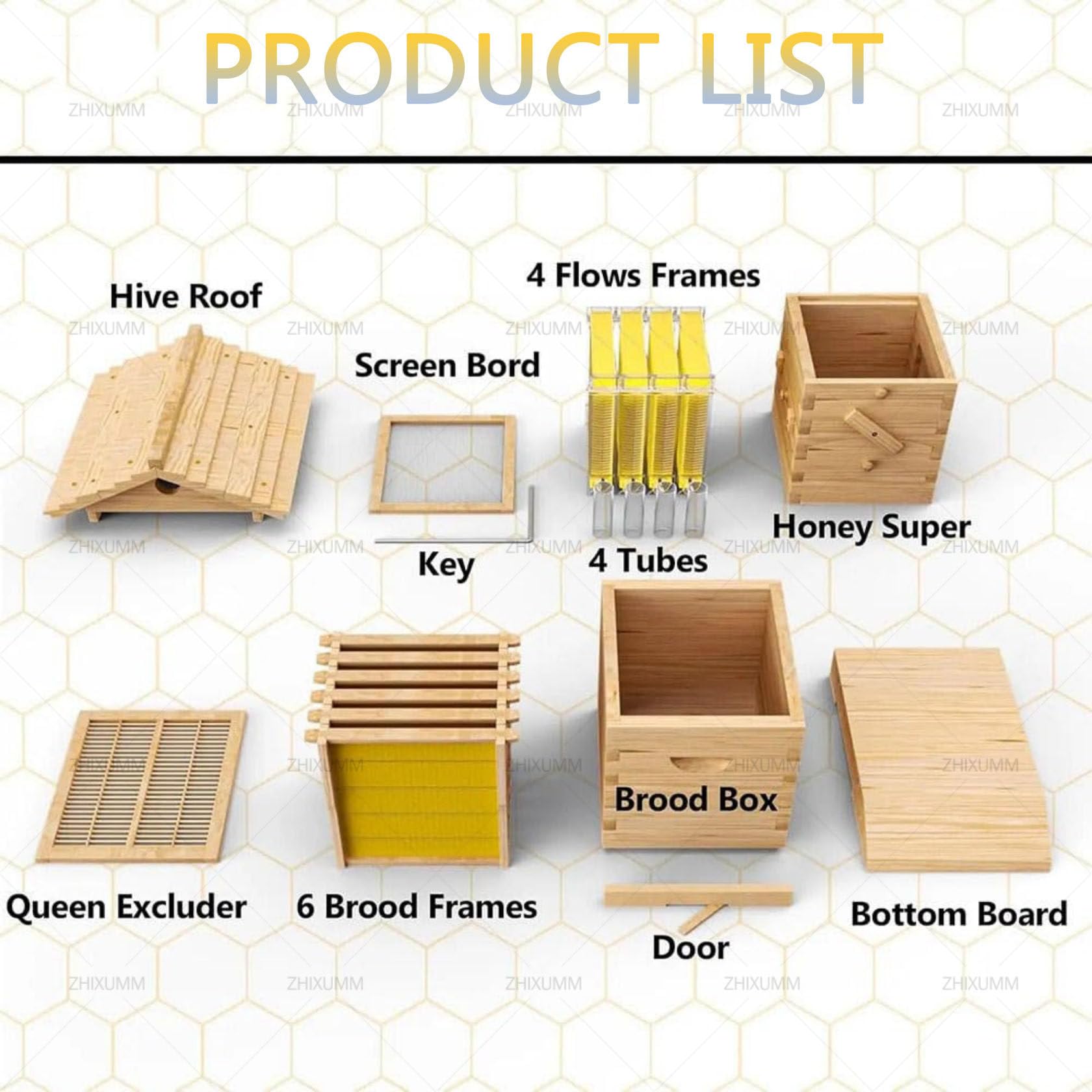 Beehive Starter Kit de démarrage en bois avec plateaux en nid d'abeille, fenêtre d'observation, bec de miel pour débutants – Apiculture naturelle essentielle