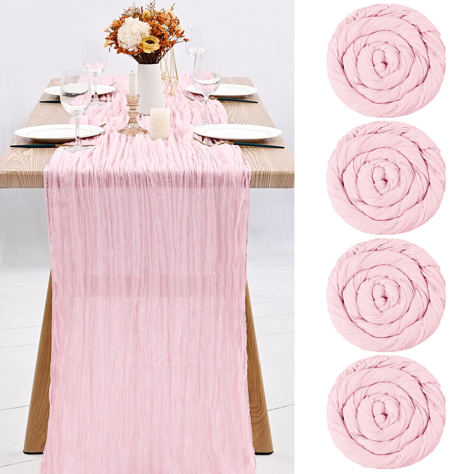 6 Runner Tavola In Garza Rosa Chiaro - Per Matrimoni, Feste E Decorazioni - Foto 7