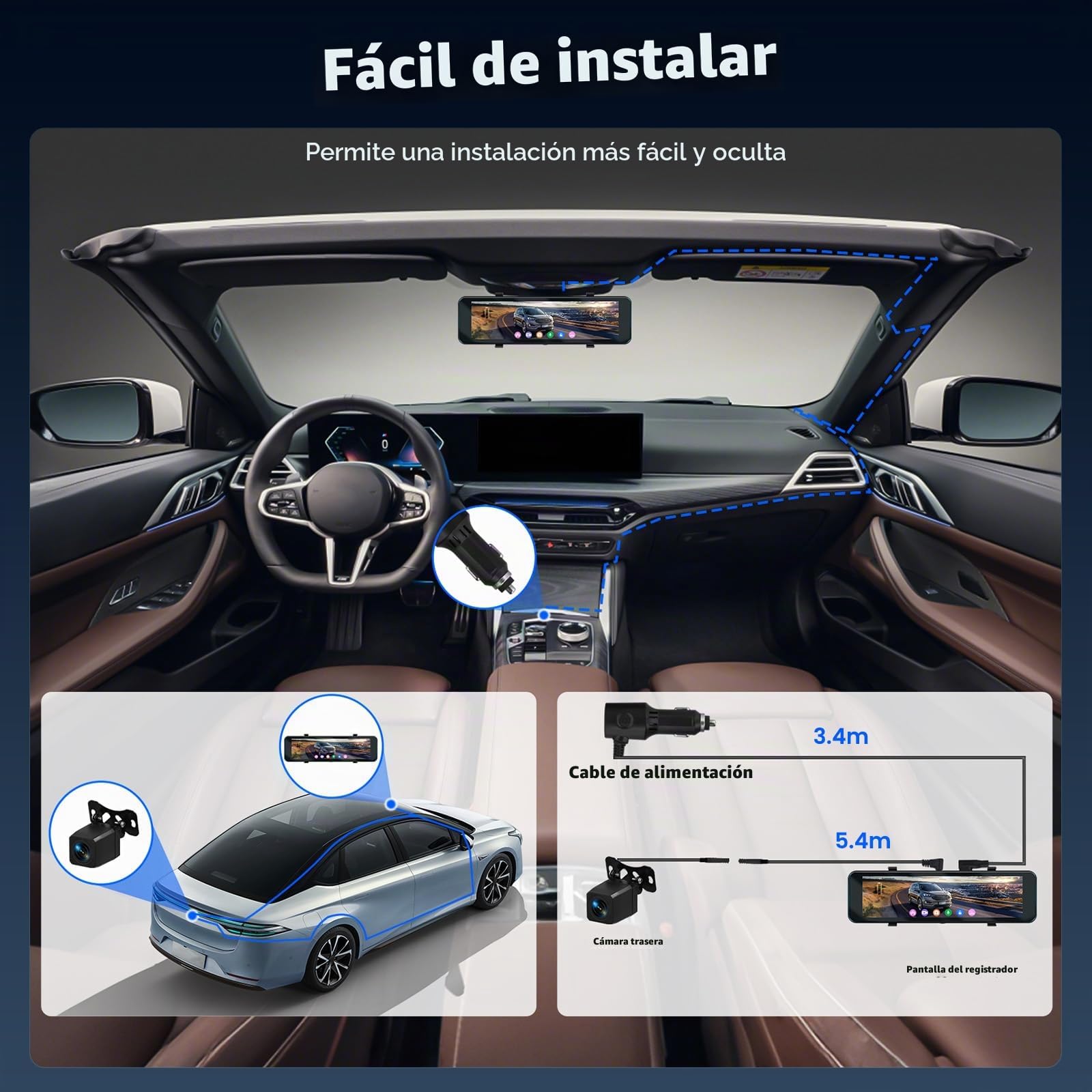 Hikity Espejo Retrovisor Inteligente 10,8" con Cámara Coche 4K Delantera + 1080P Trasera, Dash Cam WiFi, GPS, USB-C, Tarjeta de 64GB Incluida, Pantalla Táctil, Visión Nocturna, Monitor de Aparcamiento