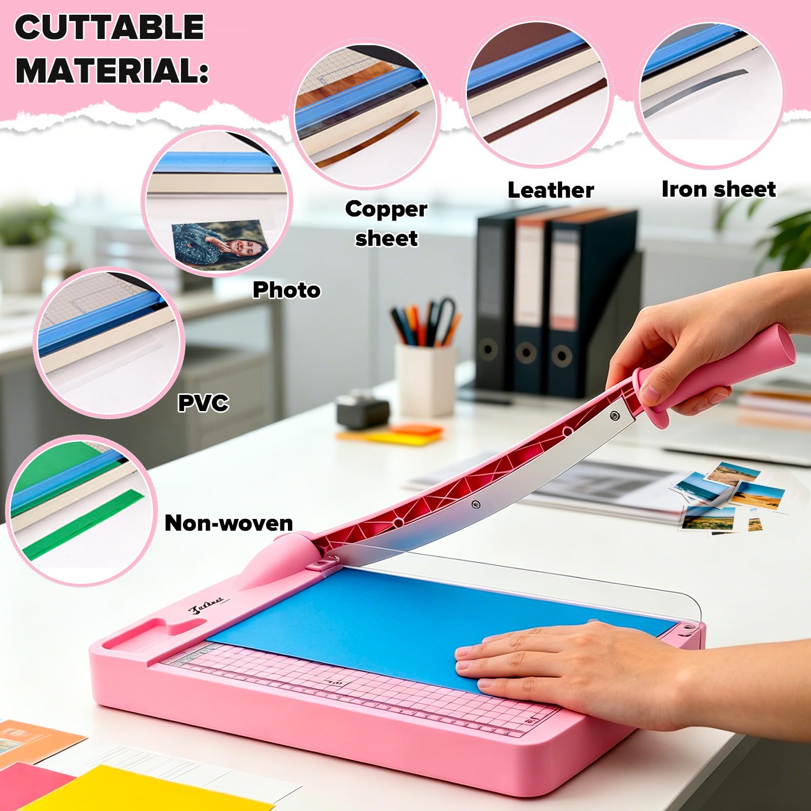 Papierschneider A4 (mit 5 Ordnern,12 Blatt,Schneidleistung A4/B5/A5/B6/B7) Hebelschneider Papierschneidemaschine Paper Cutter Geeignete Materialien Sind Dünne Bleche Leder Fotos (Rosa, A4)