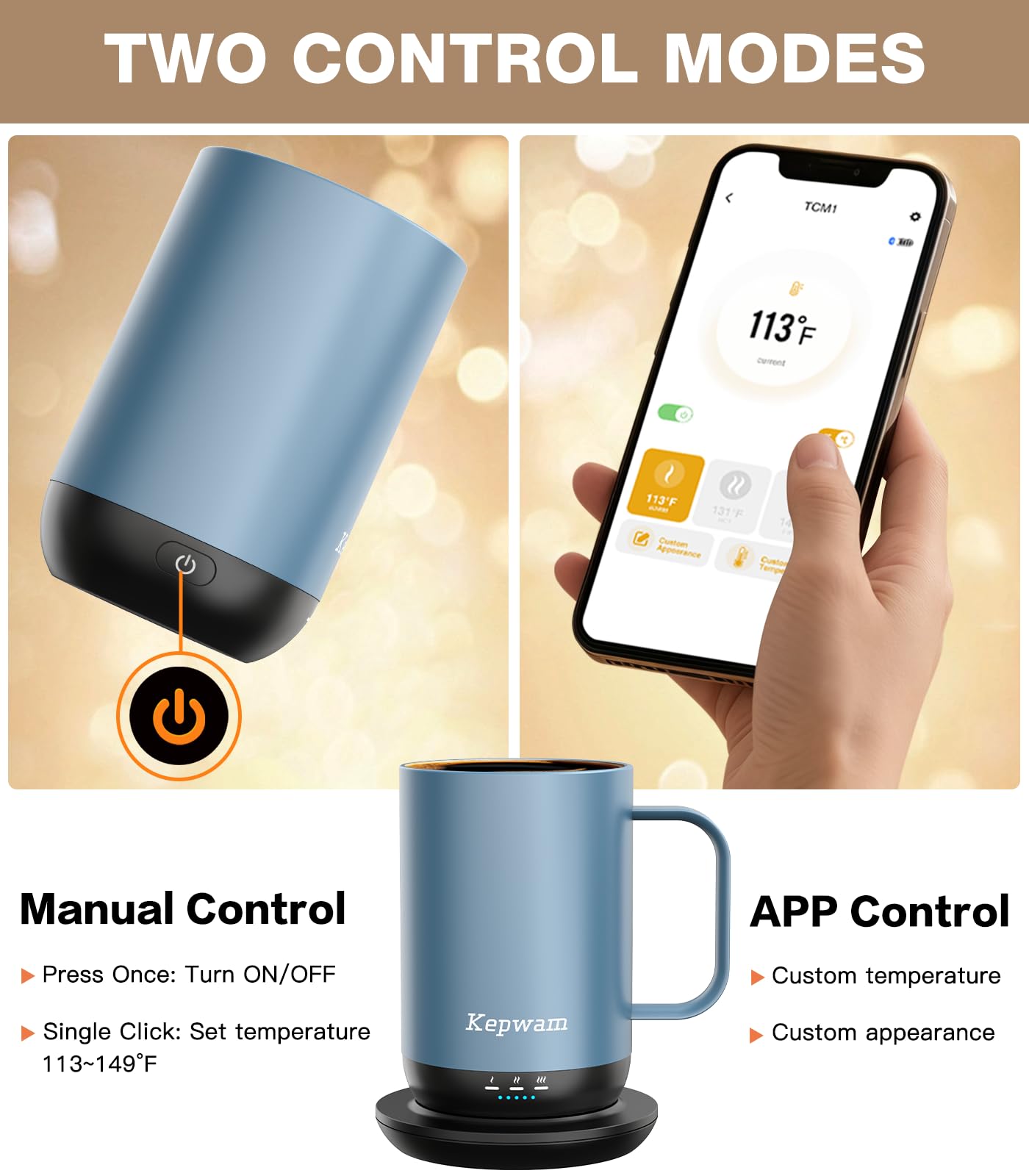 Kepwam Taza de café con calefacción T1-16 onzas, calentamiento rápido y mayor duración de la batería, taza de café autocalentable hasta 65.0 °C, botón físico y control por aplicación, taza calentadora