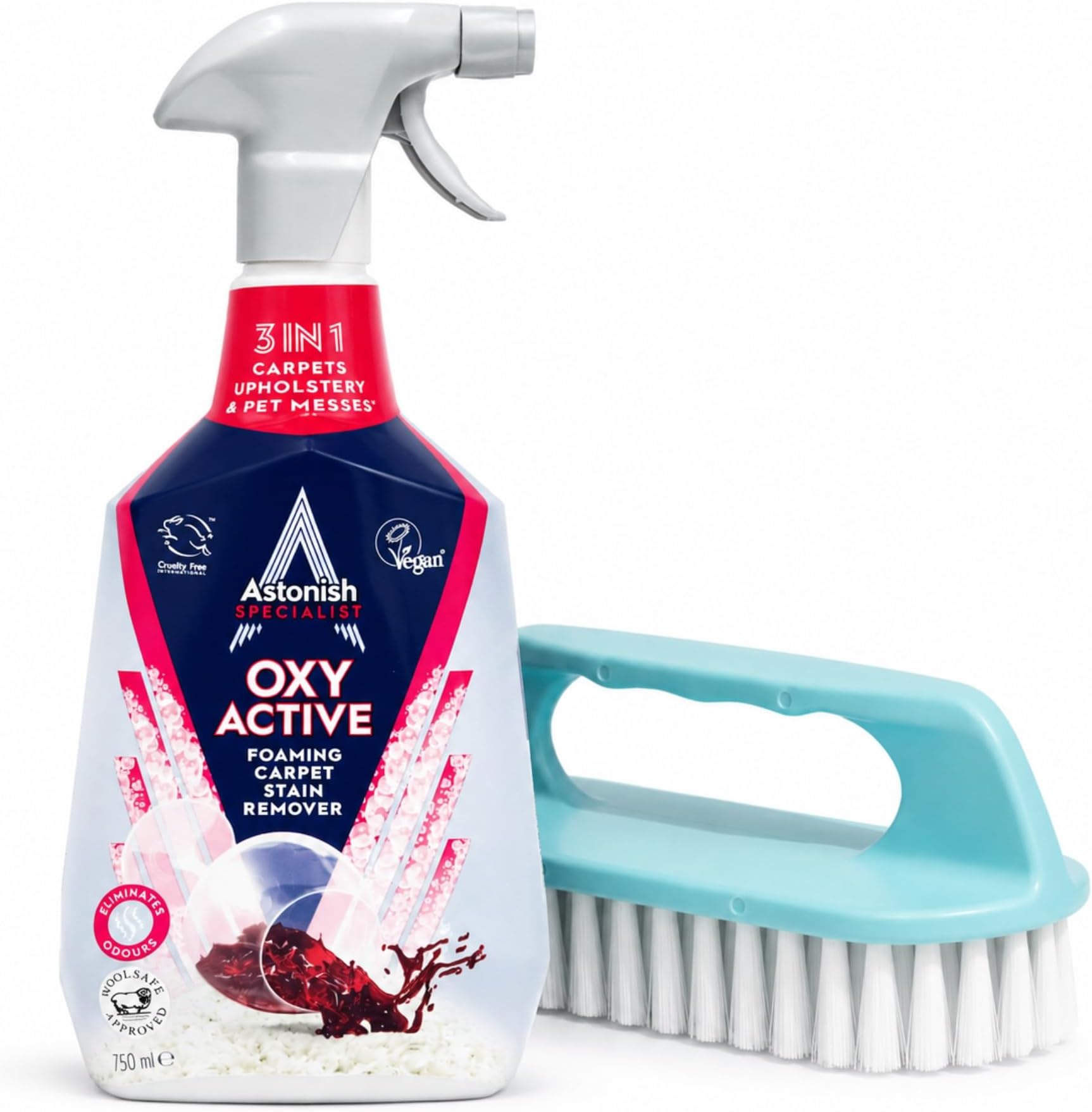 Oxy Active Foaming Carpet Stain Remover 750ml + Cleaning Brush – Powerful Carpet Cleaner for Stains, Odour, Upholstery & Pet Messes – Vegan, Cruelty-Free & Effective Cleaning Solution