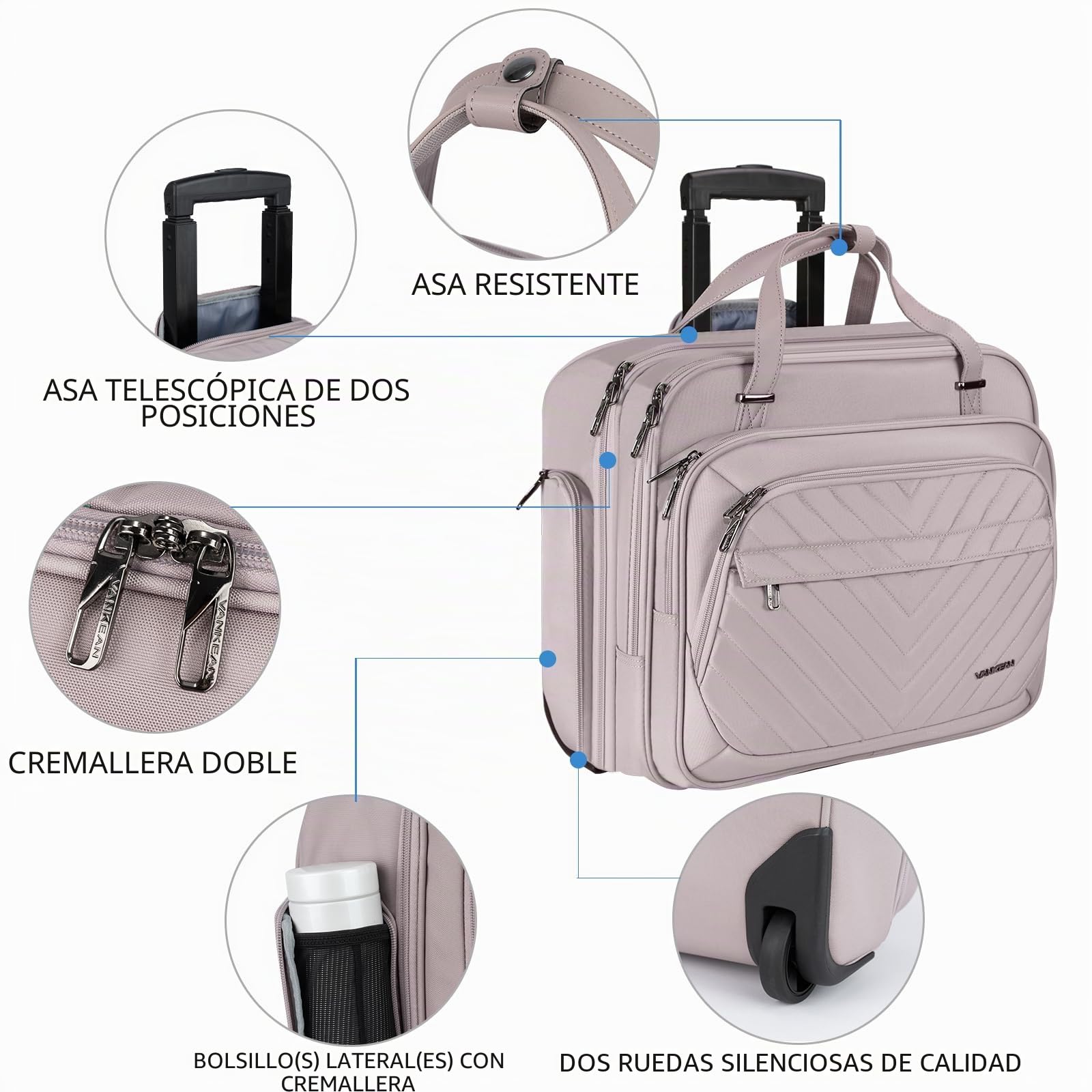 VANKEAN Funda rodante para portátil para Mujer, Bolsa de Equipaje de Viaje rodante de Que se Adapta a portátiles de hasta 15.6 Pulgadas, maletín de Transporte a Prueba de Agua Durante la