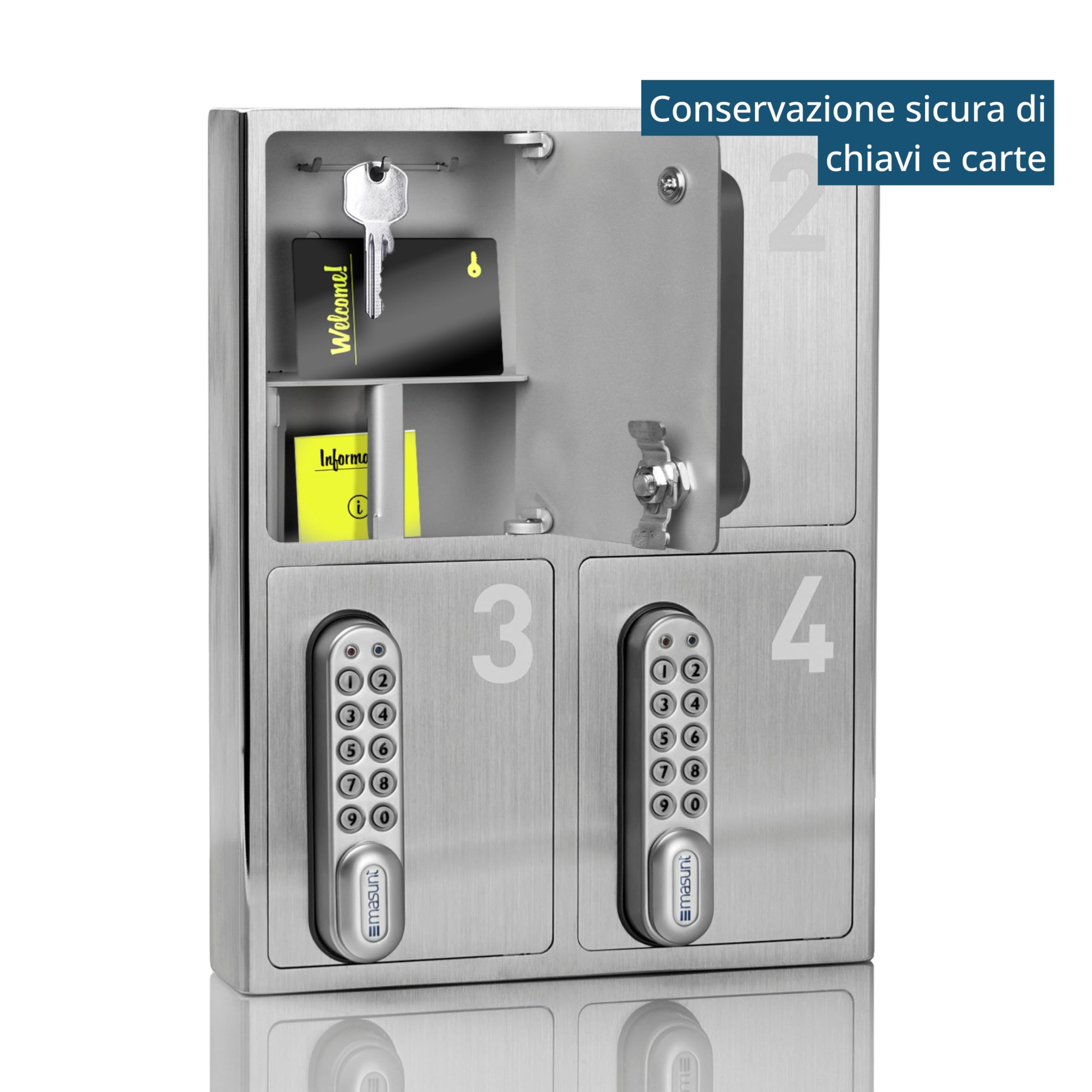 masunt cassaforte per chiavi 1420 E Code | Innovativa assegnazione online del codice a distanza | cassaforte elettronica per chiavi in acciaio inox V2A massiccio | 4 scomparti | antieffrazione