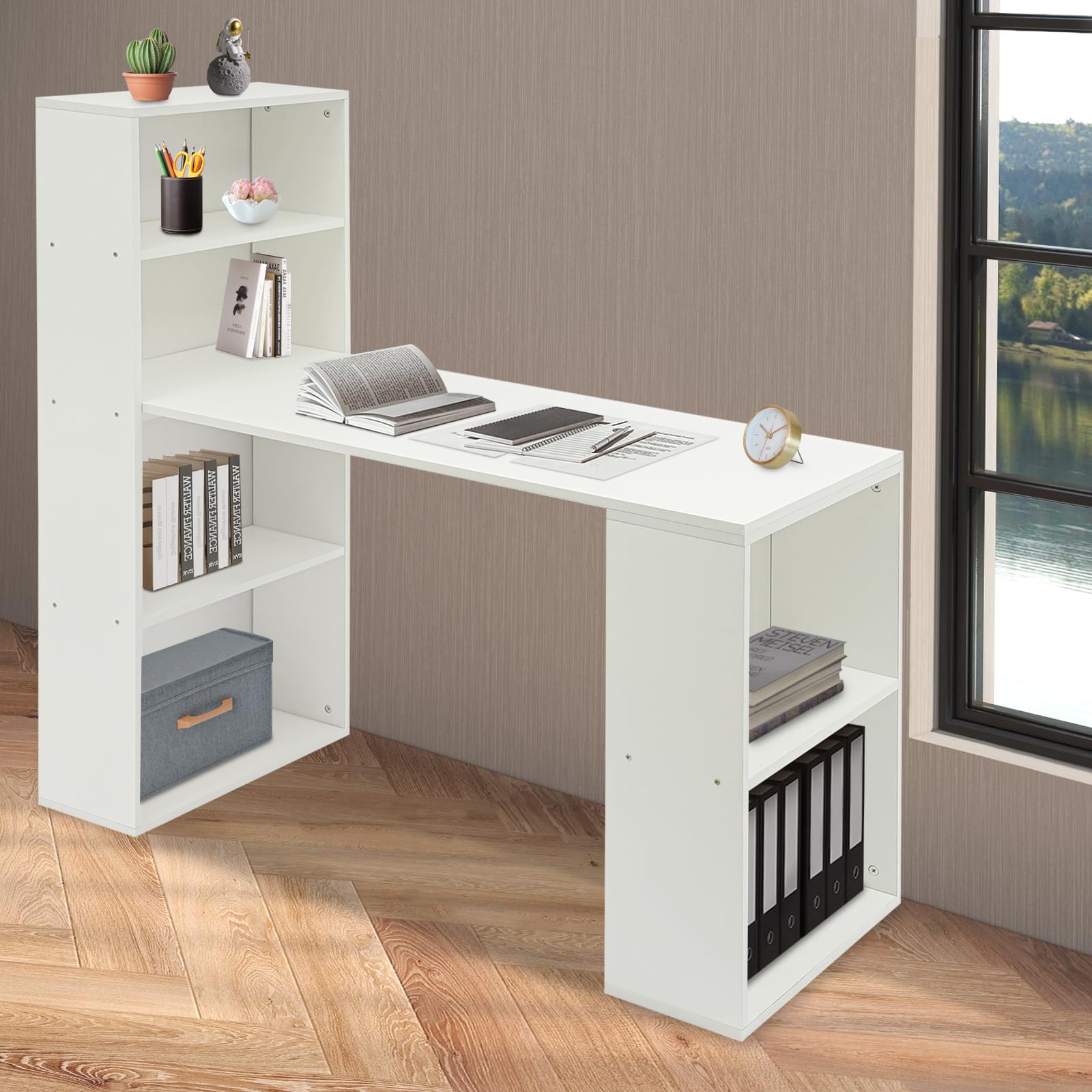 Scrivania con libreria e ripiano laterale, scrivania per computer, larghezza 120 cm, portata 10 kg per ripiano, postazione di lavoro stabile, per studio, camera da letto, dormitorio degli
