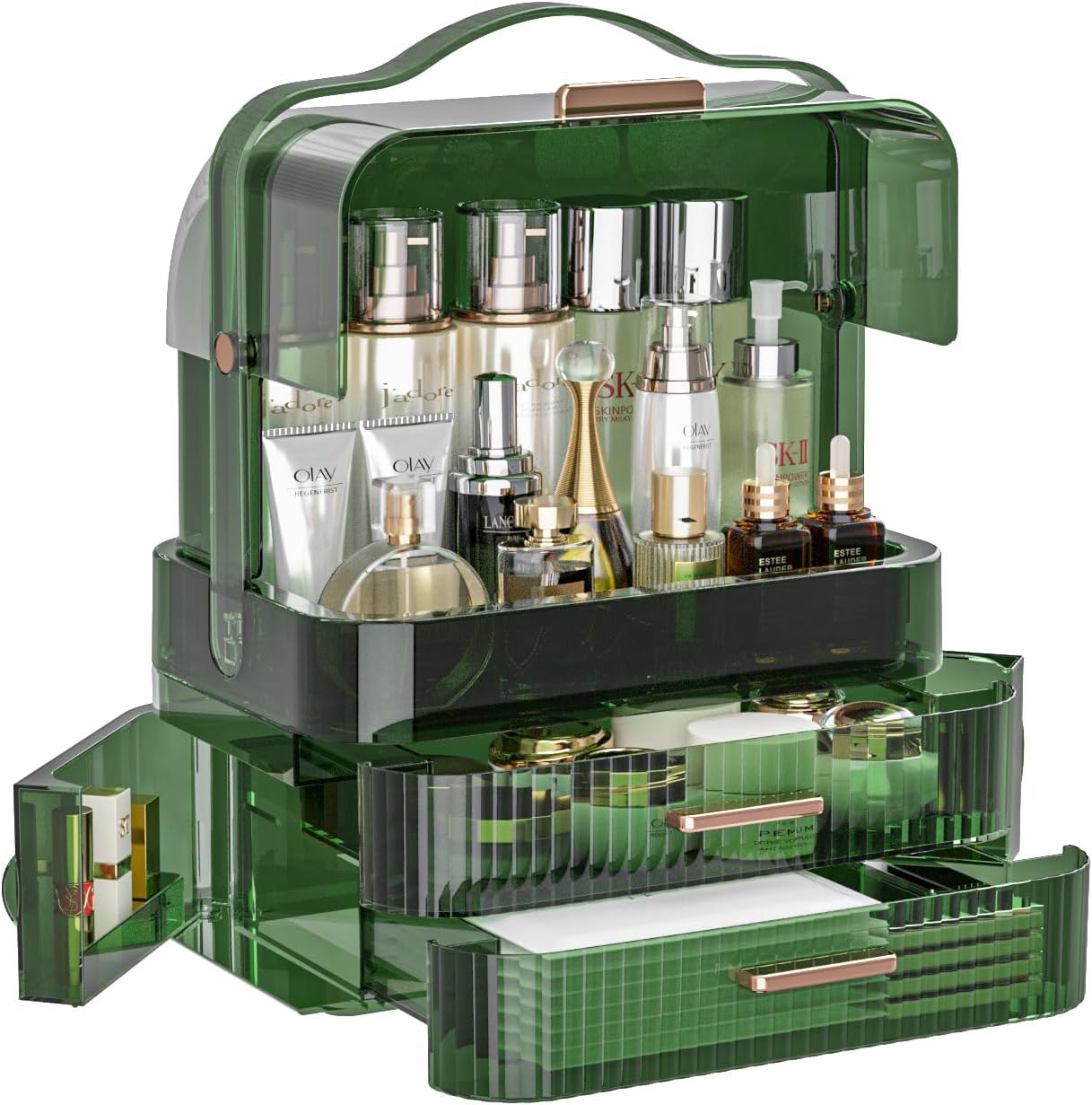 LINFIDITE Cosmetics Storage Box Transparent Lid Large Makeup Organizer Box Drawers Portable Handle Waterproof Dustproof Skincare Display Cases for Countertop, Bathroom, Dresser,Gift Clear Green