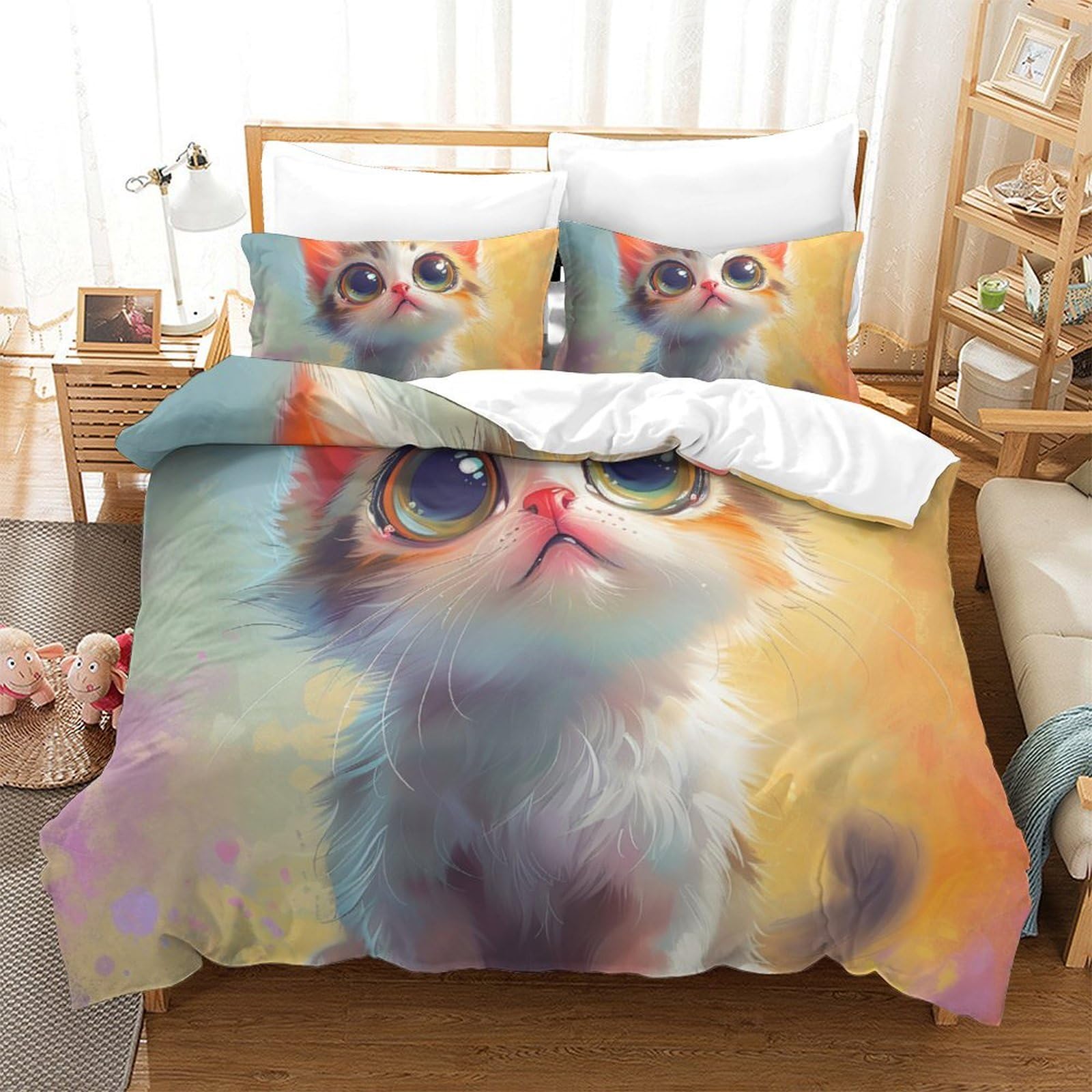 Ensemble de literie chat mignon 3D en microfibre douce et respirante avec housse de couette