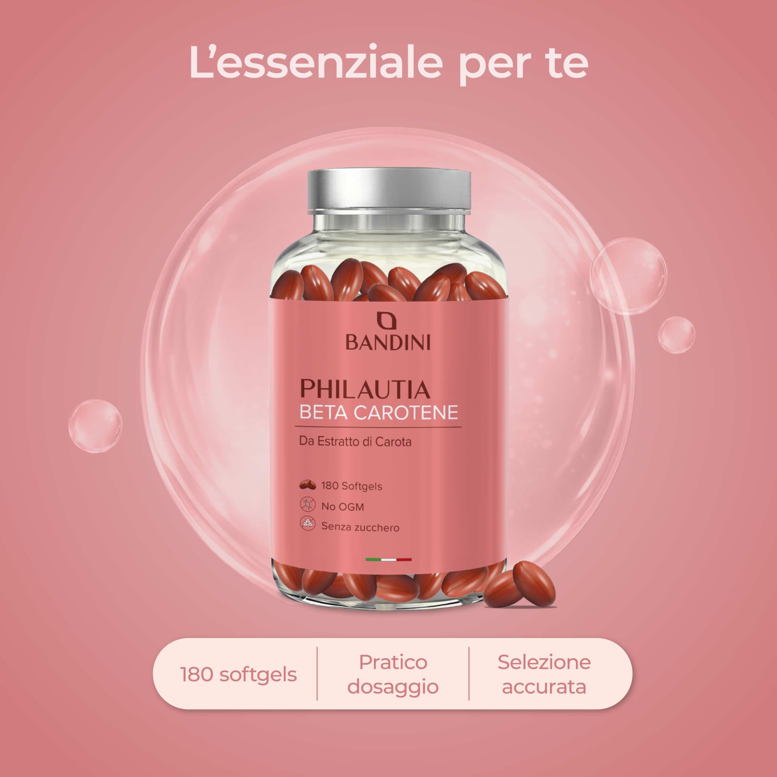 Bandini® Betacarotene | Integratore per Abbronzatura Forte Intensa e Pelle Radiosa | 180 Softgels | Apporto di Vitamina A per un Colorito Luminoso Tutto l’Anno | Sistema Immunitario