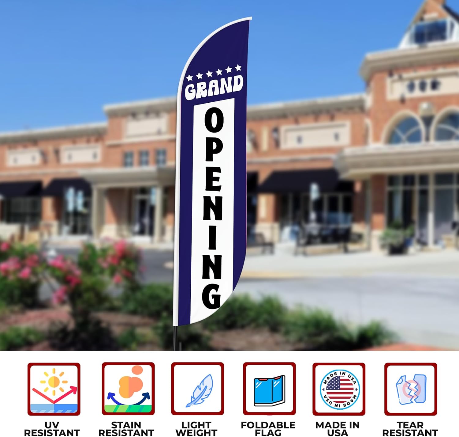 Grand Opening Feather flag for Outdoor by Mavis Print | 11.5 FEET Long Polyester Outdoor Banner Flag for Easy Hang | HD Print Swooper I Flag Only for Business Advertising | Made in USA I Flag Only