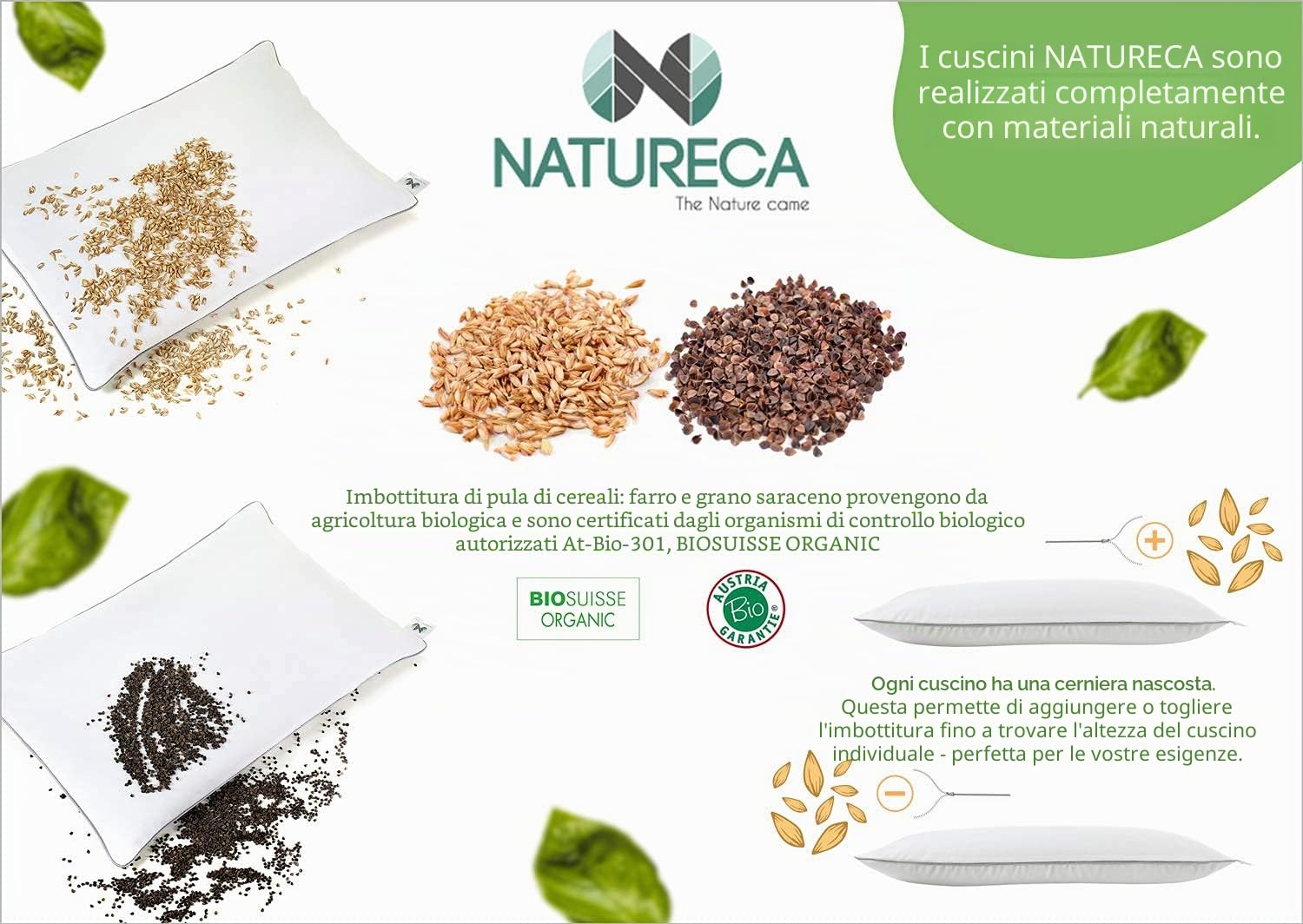 Cuscino Pula di Farro Cervicale 40x60 cm Biologica, Altezza Regolabile, Ortopedico Con Fodera in Cotone, per Bambini e Adulti