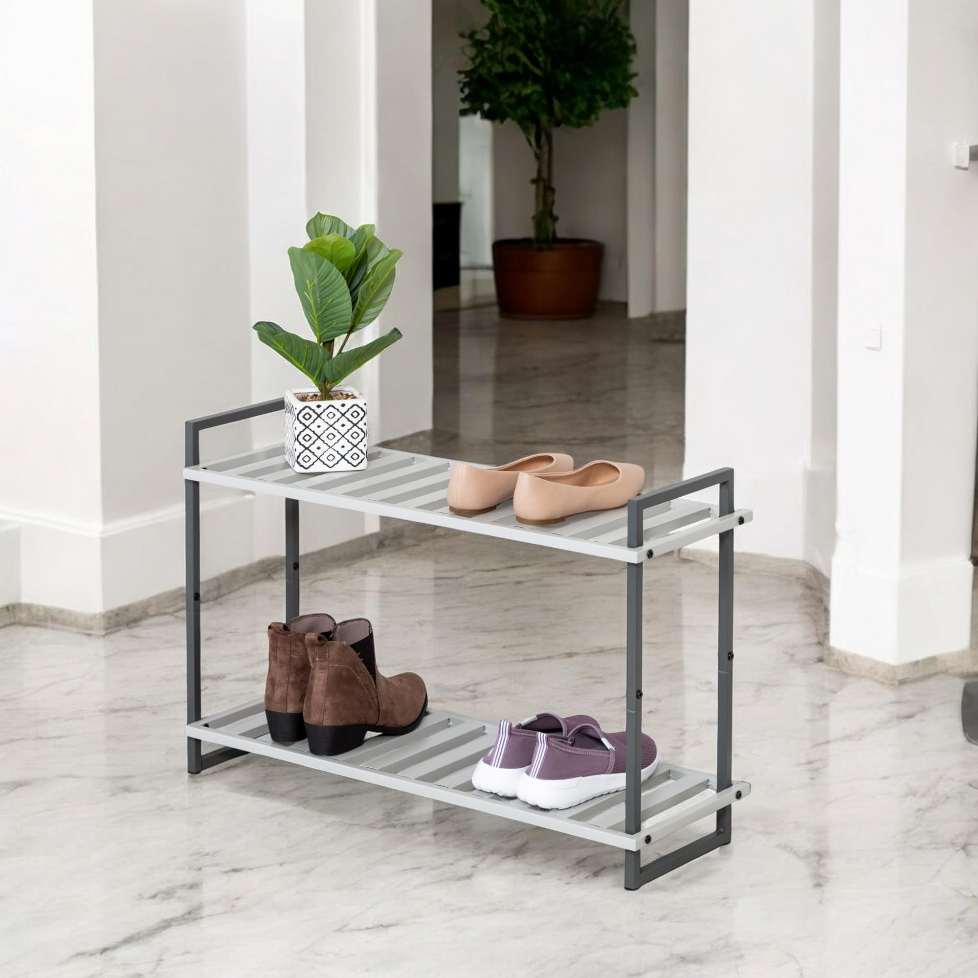 Honey-Can-Do 2-Tier Steel Shoe Rack, Slatted Shelves, Tube Piping, Grey & White, 30”W x 11”D x 20”H
