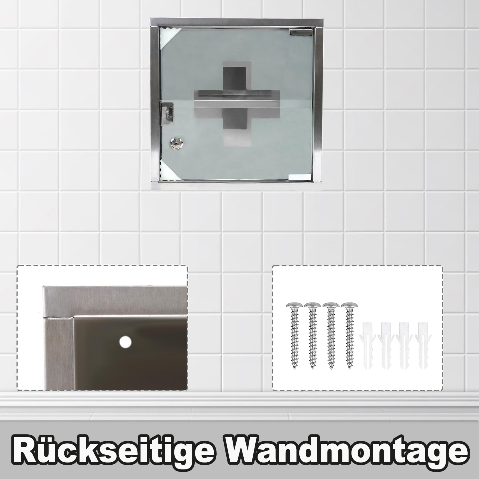 Aufun Medizinschrank aus Edelstahl, abschließbarer Arzneischrank Hausapotheke mit Glas Tür, Erste Hilfe Schrank, 2 Fächer für zu Hause, Silber, 30x30x12cm