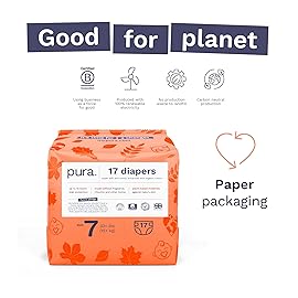 Pura Size 7 Eco-Friendly Diapers (33+lbs) Hypoallergenic, TCF, Soft Organic Cotton, Sustainable, up to 12 Hours Leak Protection, Allergy UK, Recyclable Paper Packaging, 6 Packs of 17 (102 Diapers)