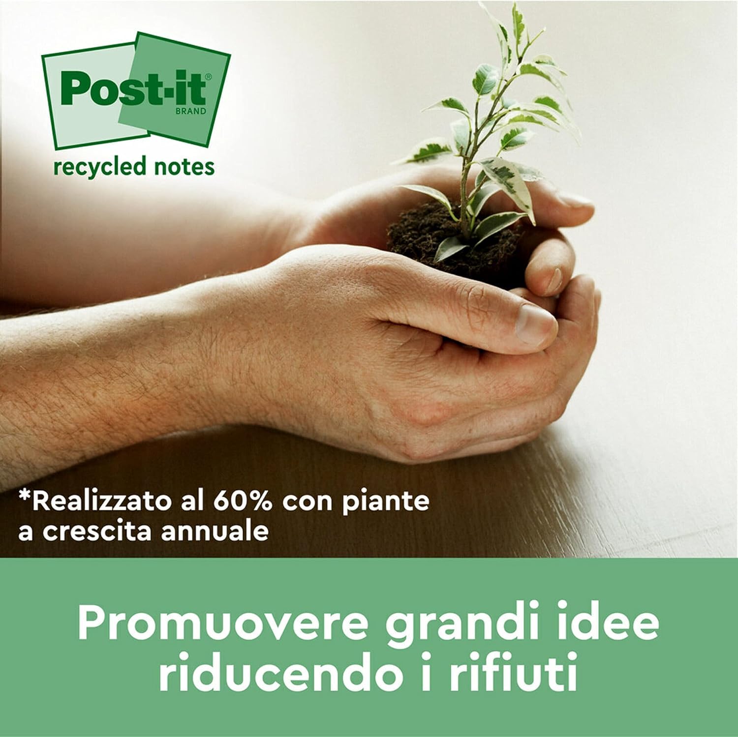 Post-it Foglietti Super Sticky Riciclati, Confezione da 12 Blocchetti, 70 Fogli per Blocchetto, 47.6 mm x 47.6 mm, Rosa, Verde, Blu, Viola, Giallo - Foglietti Super Adesivi in carta riciclata al 100%