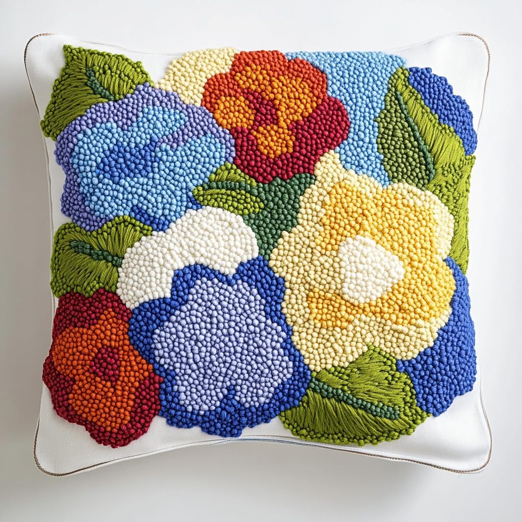 DIY Punch Needle Pillow Kit Hydrangea Flowers with Pattern and Hoop Handmade Embroidery Punch Needle Starter Pillowcase Set for Home Sofa Decor 43x43cm-1-1