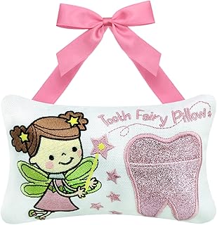 free-space Tooth Fairy Pillow for Boy and Girl Embroidered Cartoon Tooth Pocket Tooth Fairy Gifts Kids (Pink)