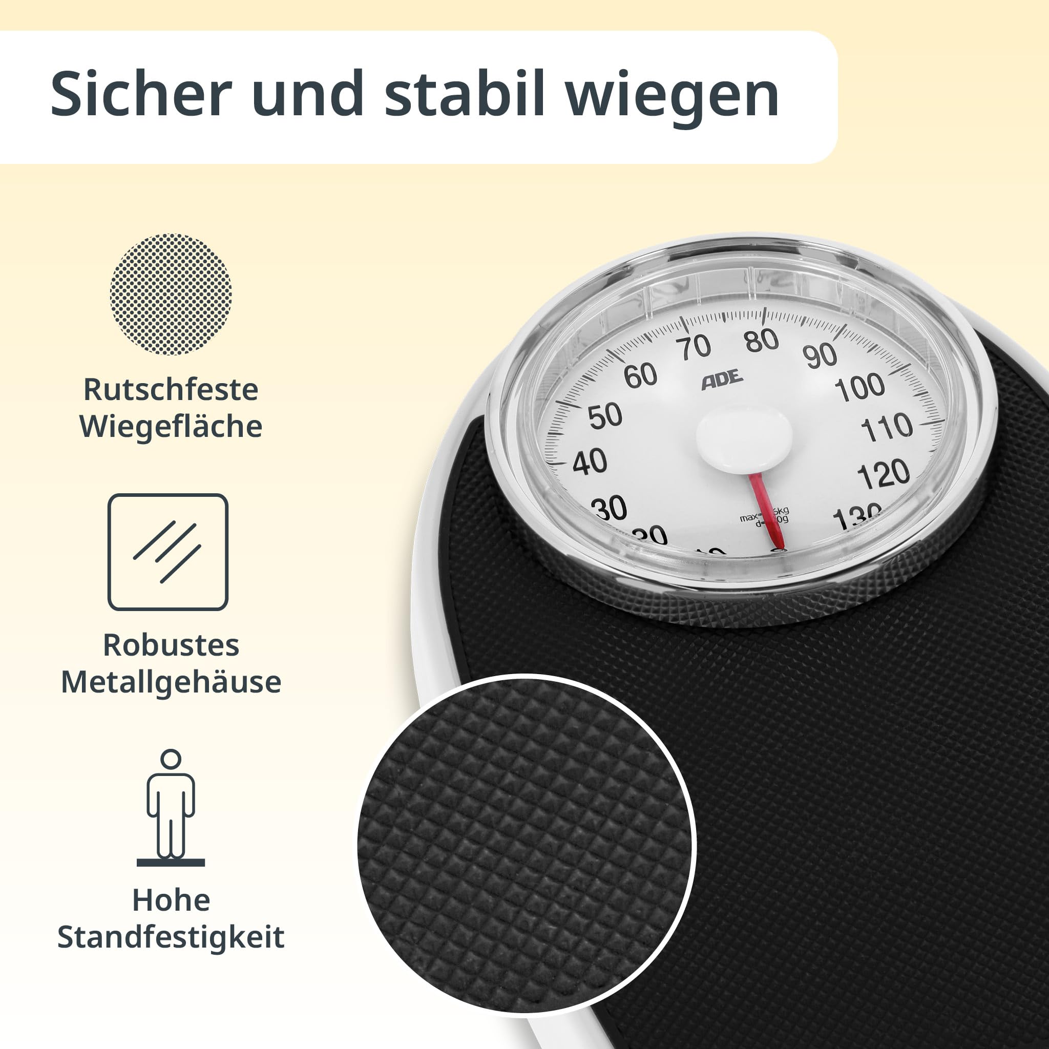 ADE Körperwaage analog im Retro Look | rutschfeste Wiegeoberfläche | mechanische Personenwaage mit extra großer Anzeige | ohne Batterie | bis 136 kg | schwarz