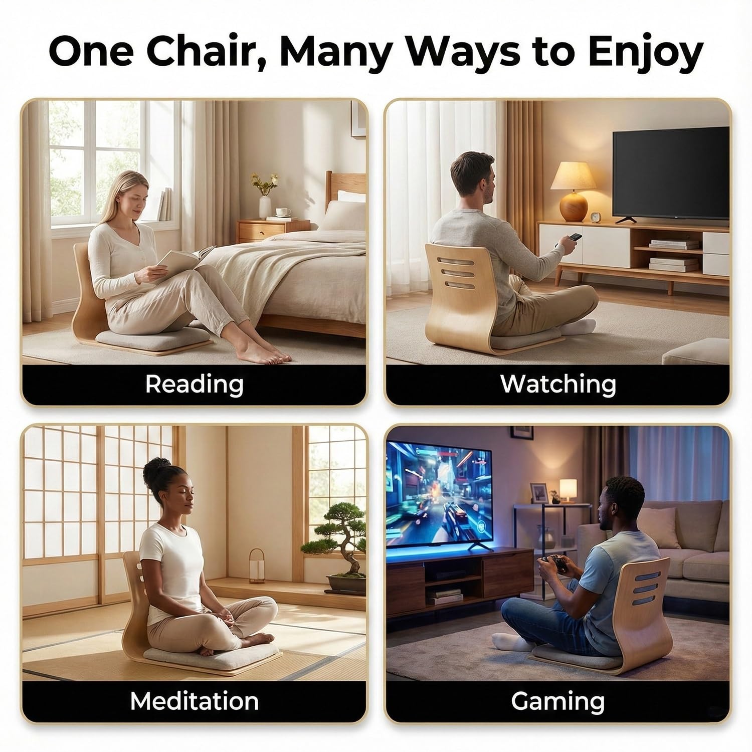 Zaisu Japanischer Bodenstuhl mit Lendenwirbelstütze, Ergonomischer Tatami Sitz aus Holz ohne Beine, Tragbarer Stuhl für Meditation, Lesen, Gaming