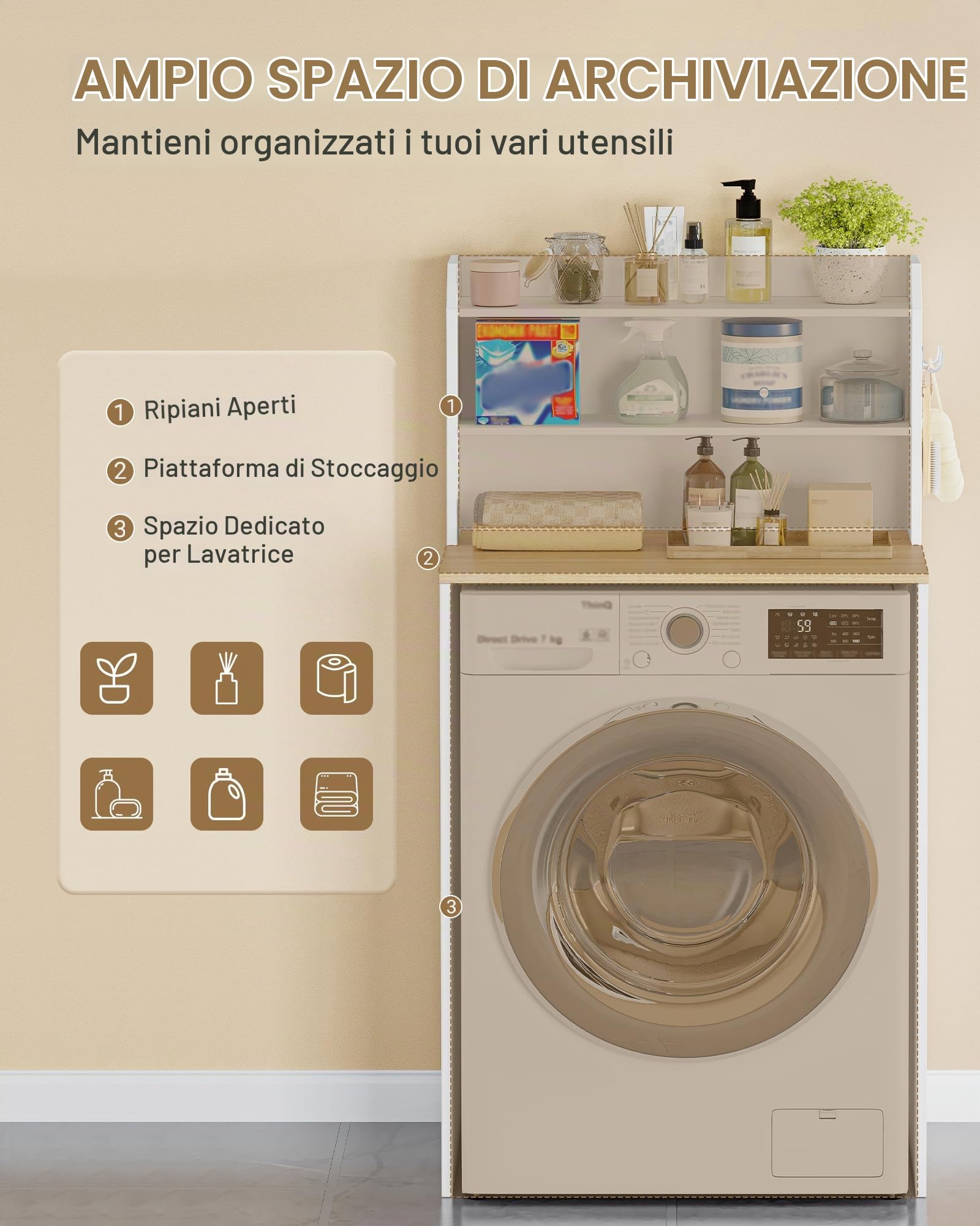 Hzuaneri Mobile Lavatrice, 50 x 68 x 128 cm, Bianco-Rovere | Mobile Sopra Lavatrice, Scomparti Aperti, Scaffale da Bagno, Adatto per lavatrici e asciugatrici, LR00103X
