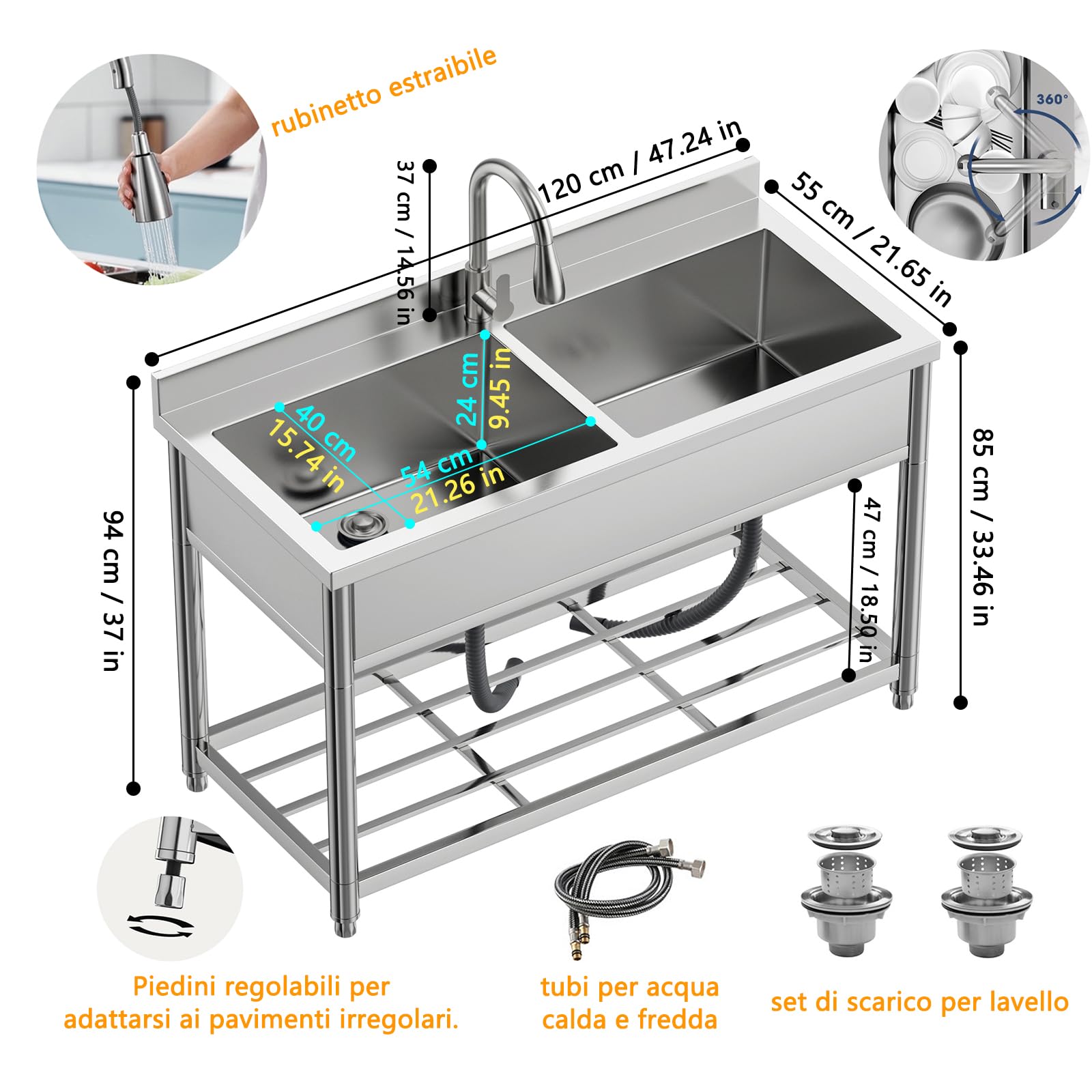 Lavello Indipendente in Acciaio Inox 2 Vasche, Lavandino Industriale con Rubinetto, Lavandino da Esterno, Lavello Professionale per Cucina, Garage, Lavanderia, Ristorante, 55P x 120L x 94H cm