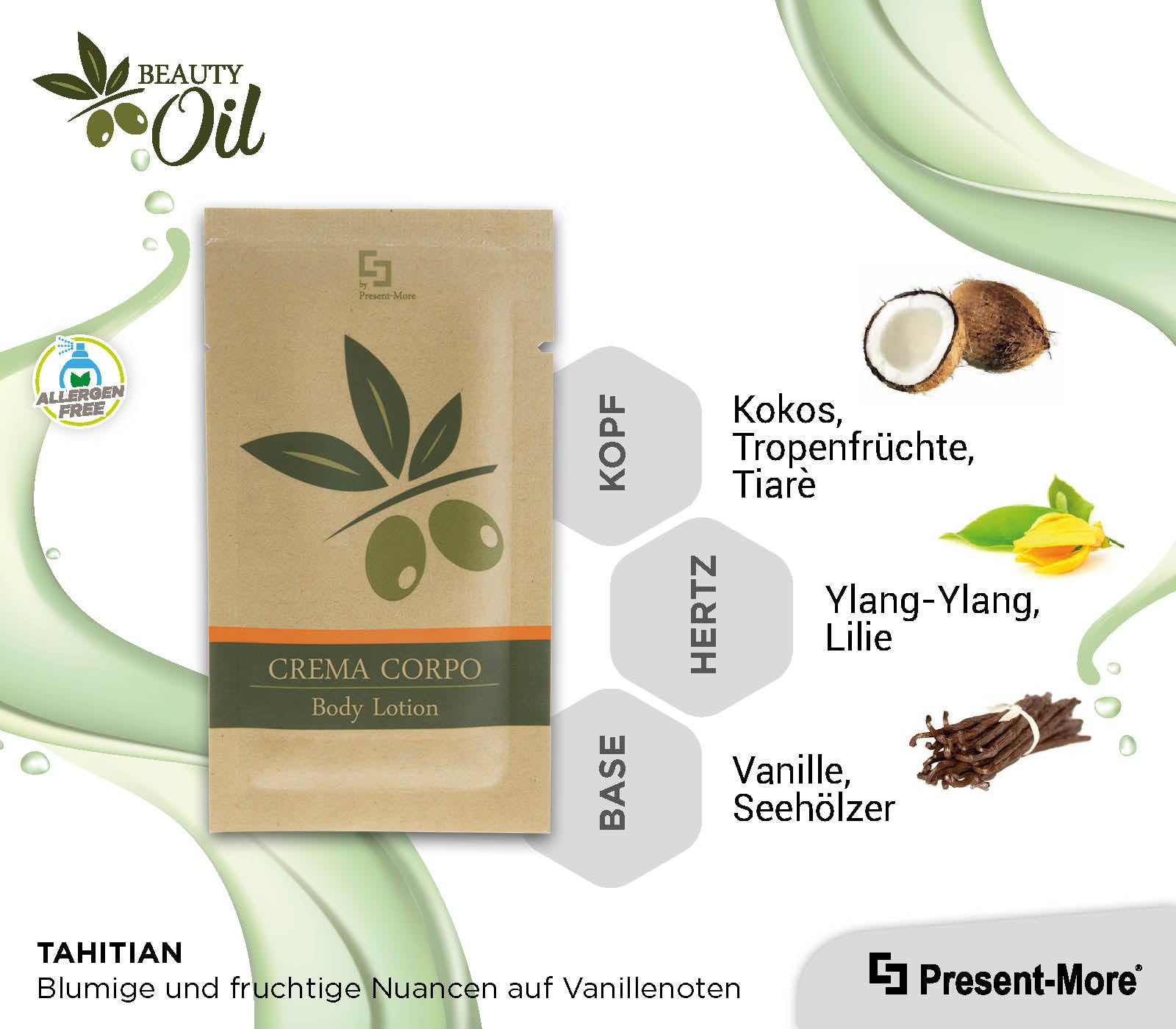 Present-More Body Lotion 15ml Beauty Oil - Körpercreme 250 Stücke für Hotels und B&B | Allergenfreie Körpercreme mit Duftnote Tahitian | Allergenfreie Body Lotion - Duft Tahitian - Ideal für Hotels und B & B
