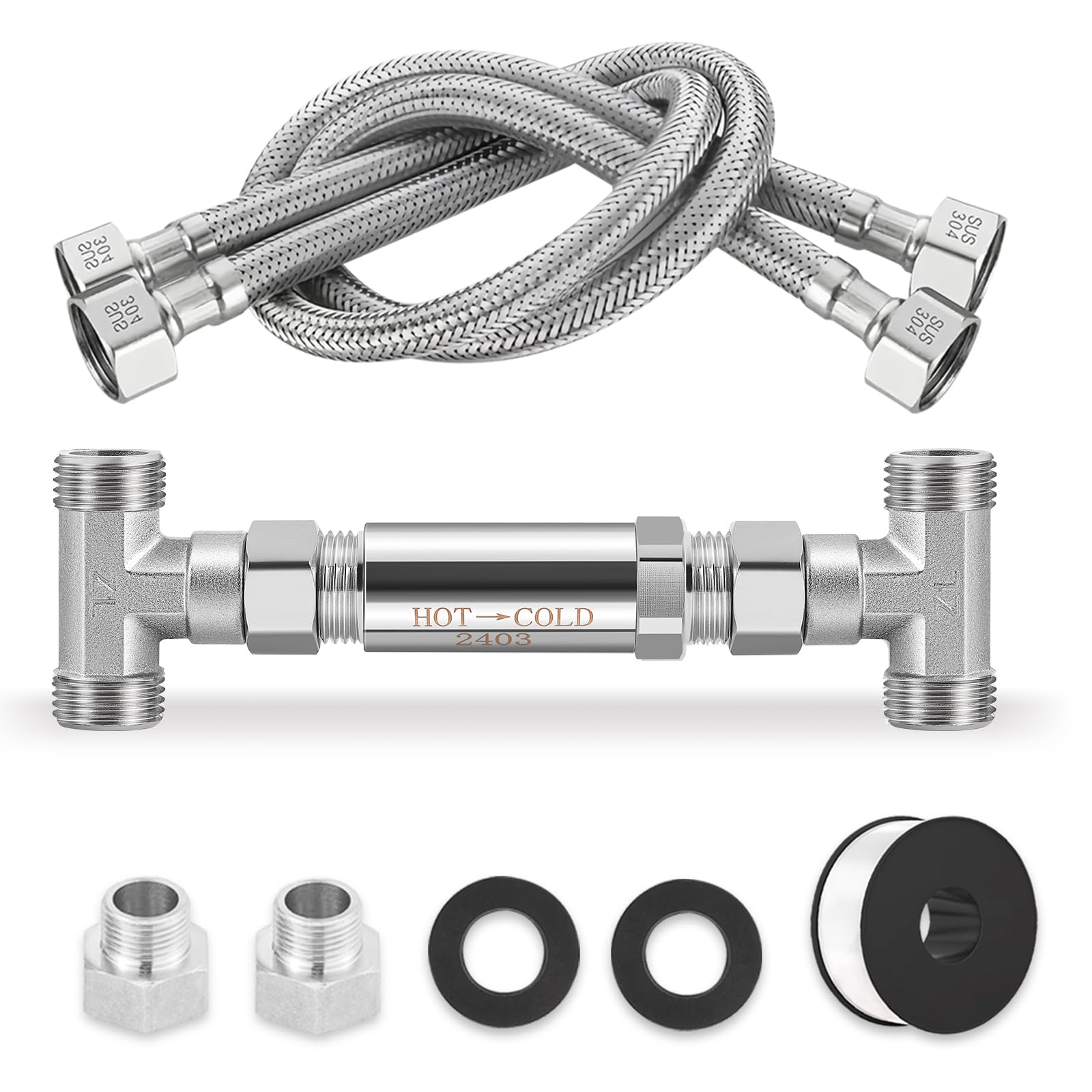 Replacement 304 Stainless Steel Sensor Valve Kit for Instant Hot Water Recirculating Pump System Includes a sensor valve, 2×PEX Flex Hoses and Adapters