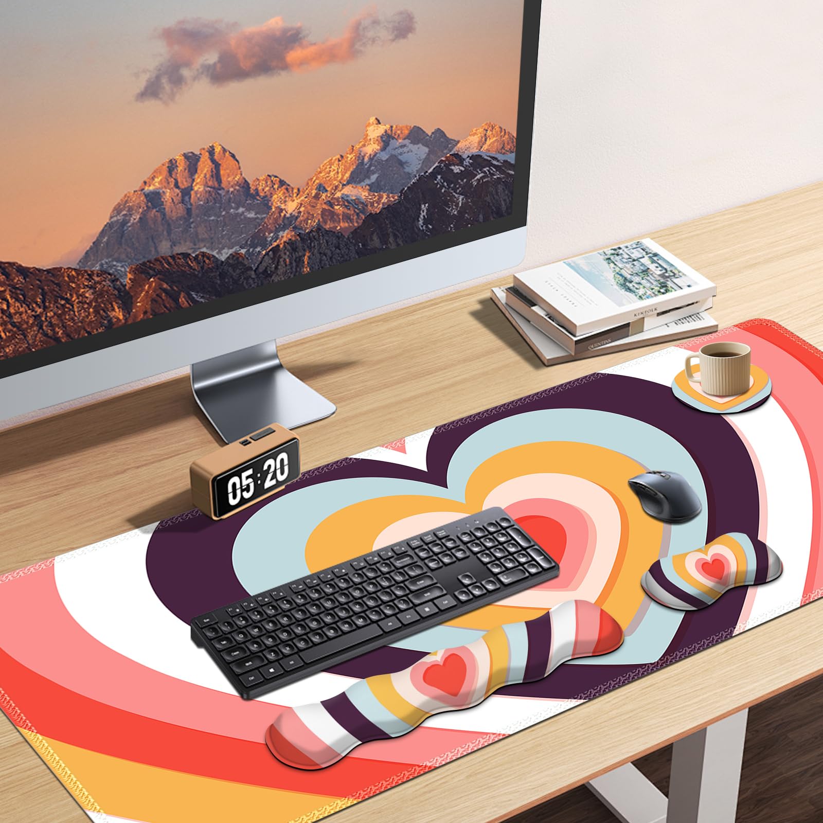 AIMSA Ensemble de tapis de souris pour clavier, grand tapis de souris de jeu + repose-poignet pour clavier + support de poignet de souris + dessous de verre, ensemble de sous-main, ensemble de tapis